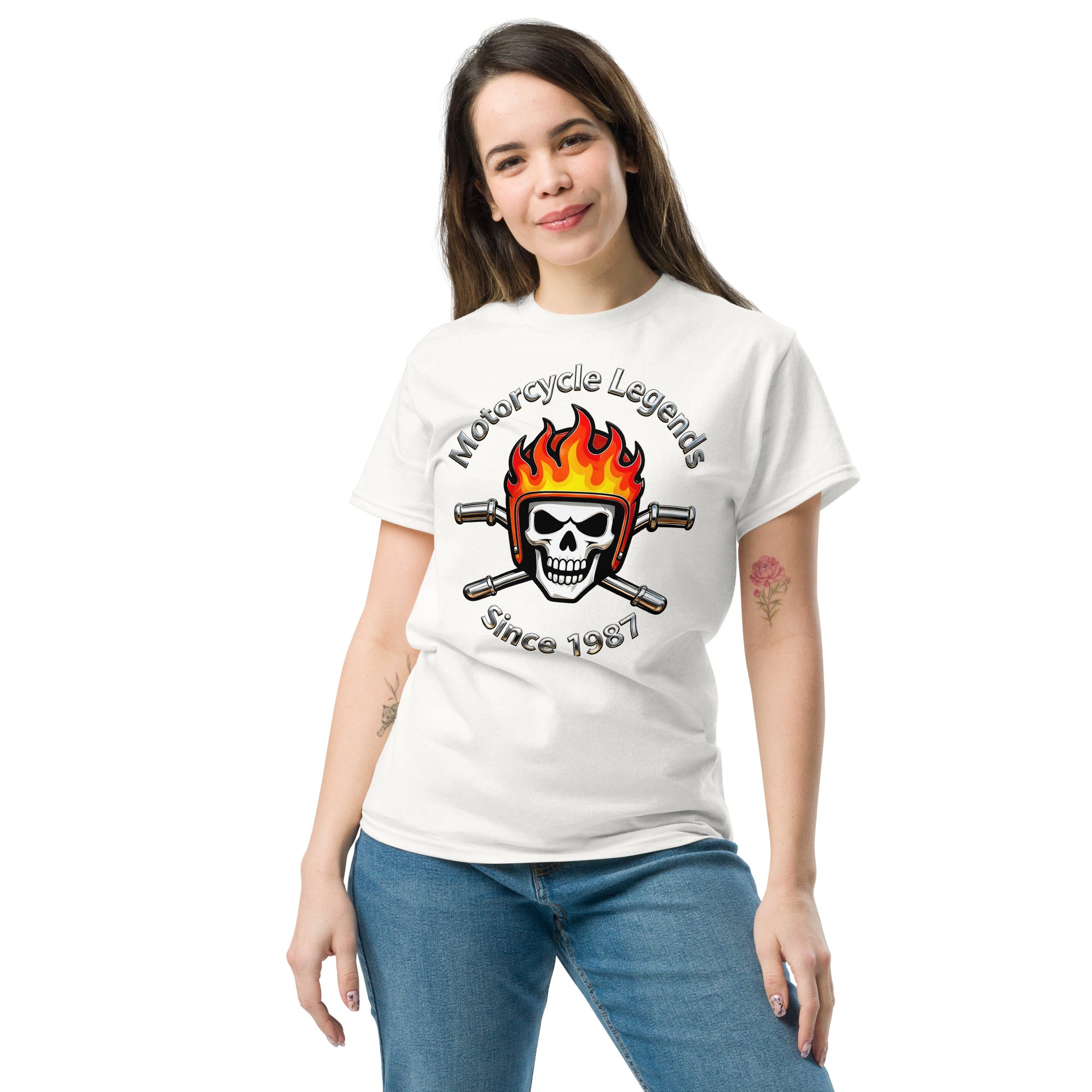 Unisex classic tee - Motorcycle Legends Since 1987 Tee – Flaming Chrome Biker Graphic T-Shirt by printfluence.net
