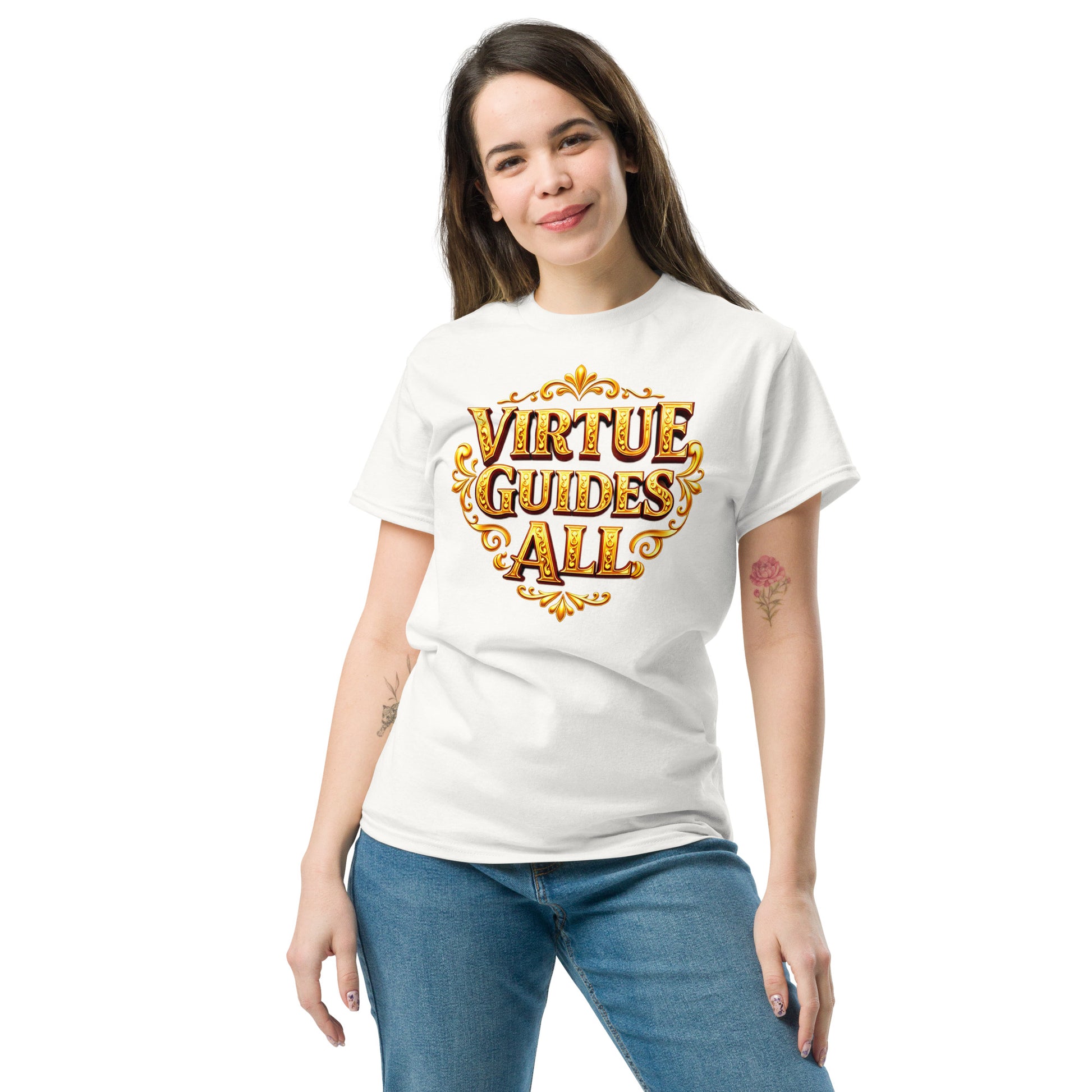 Unisex classic tee - Virtue Guides All Unisex Classic Tee – Minimal Gold Quote Shirt by printfluence.net