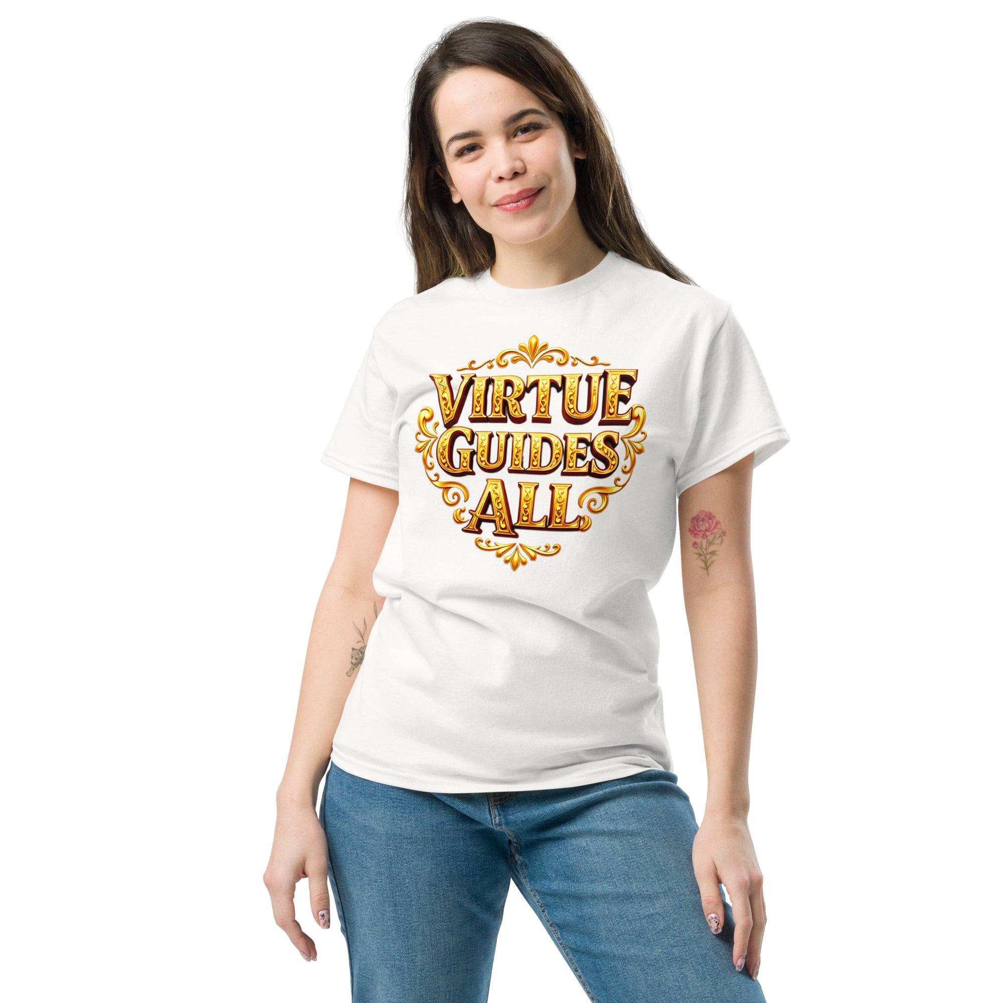 Unisex classic tee - Virtue Guides All Unisex Classic Tee – Minimal Gold Quote Shirt by printfluence.net