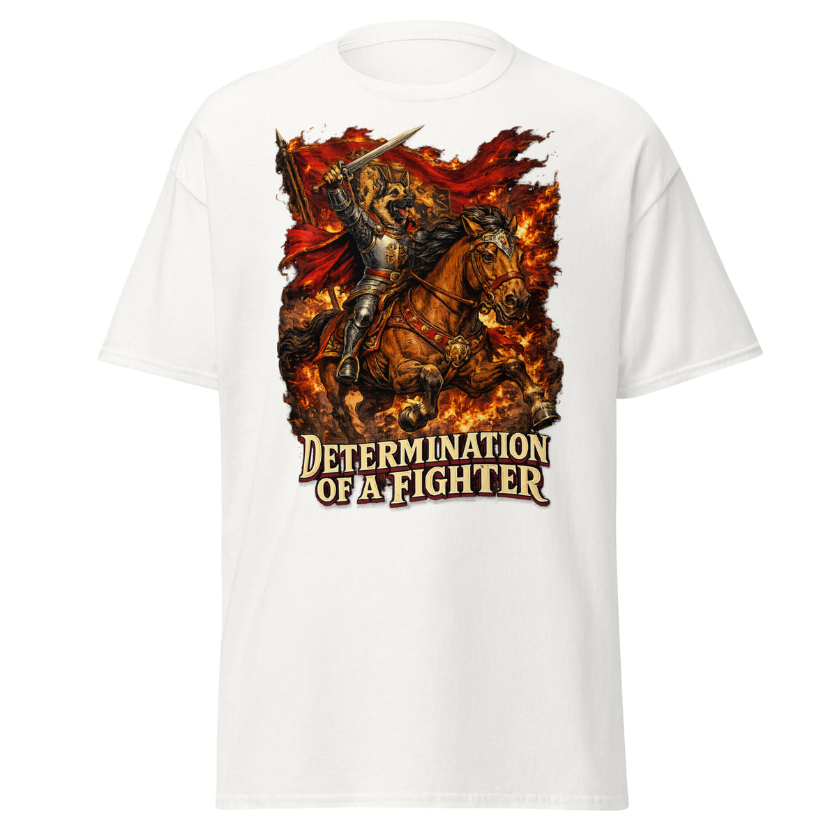 German Shepherd Lovers Unisex Classic Tee | "Determination of a Fighter" Medieval Knight Graphic Apparel by printfluence.net
