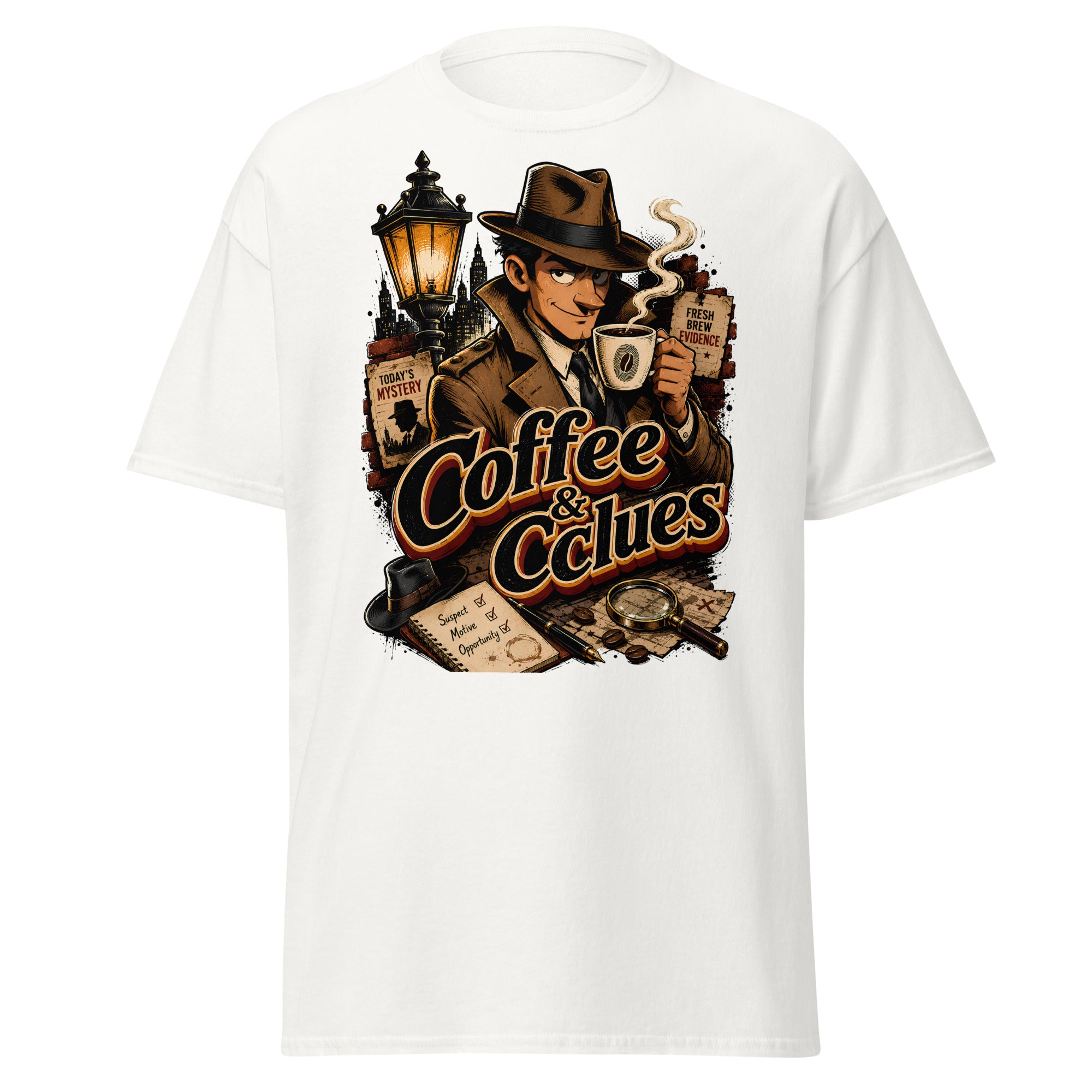 Coffee Lovers Unisex Classic Tee Coffee & Clues – Noir Detective Style Graphic Shirt by printfluence.net