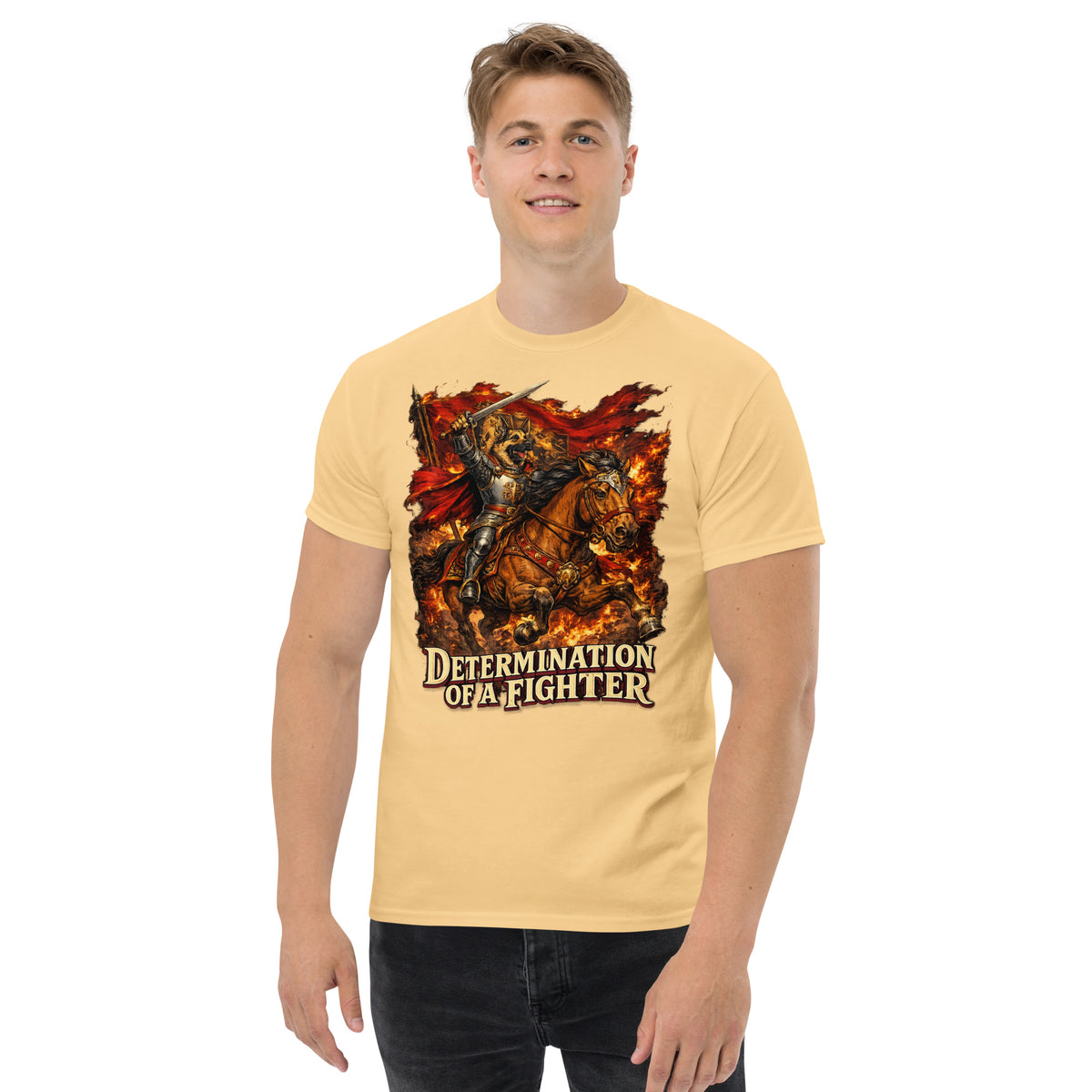 German Shepherd Lovers Unisex Classic Tee | "Determination of a Fighter" Medieval Knight Graphic Apparel by printfluence.net