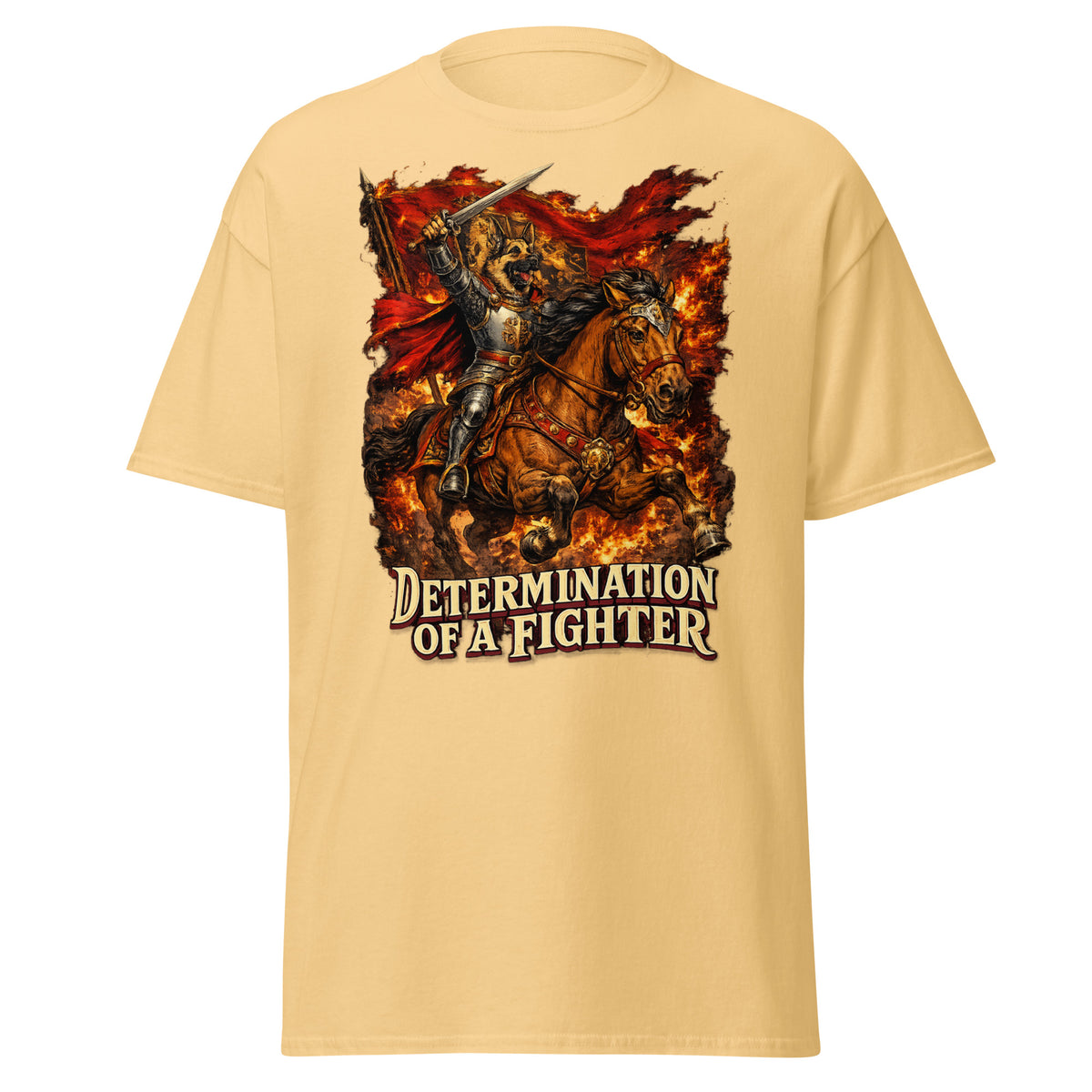 German Shepherd Lovers Unisex Classic Tee | "Determination of a Fighter" Medieval Knight Graphic Apparel by printfluence.net
