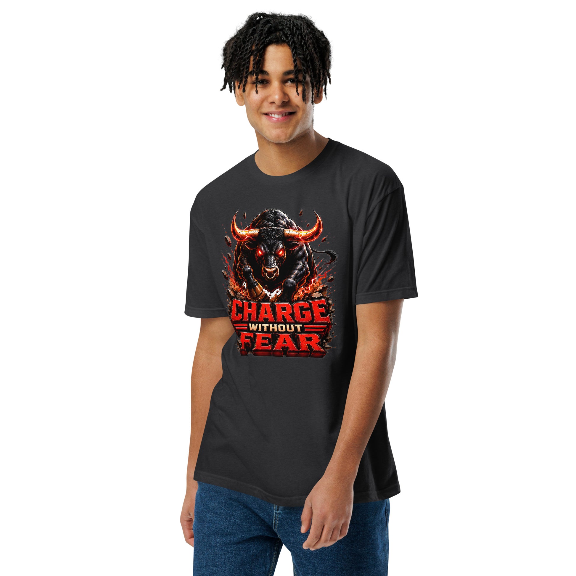 Unisex Fitted T-Shirt - Charge Without Fear - Raging Fire Bull by printfluence.net