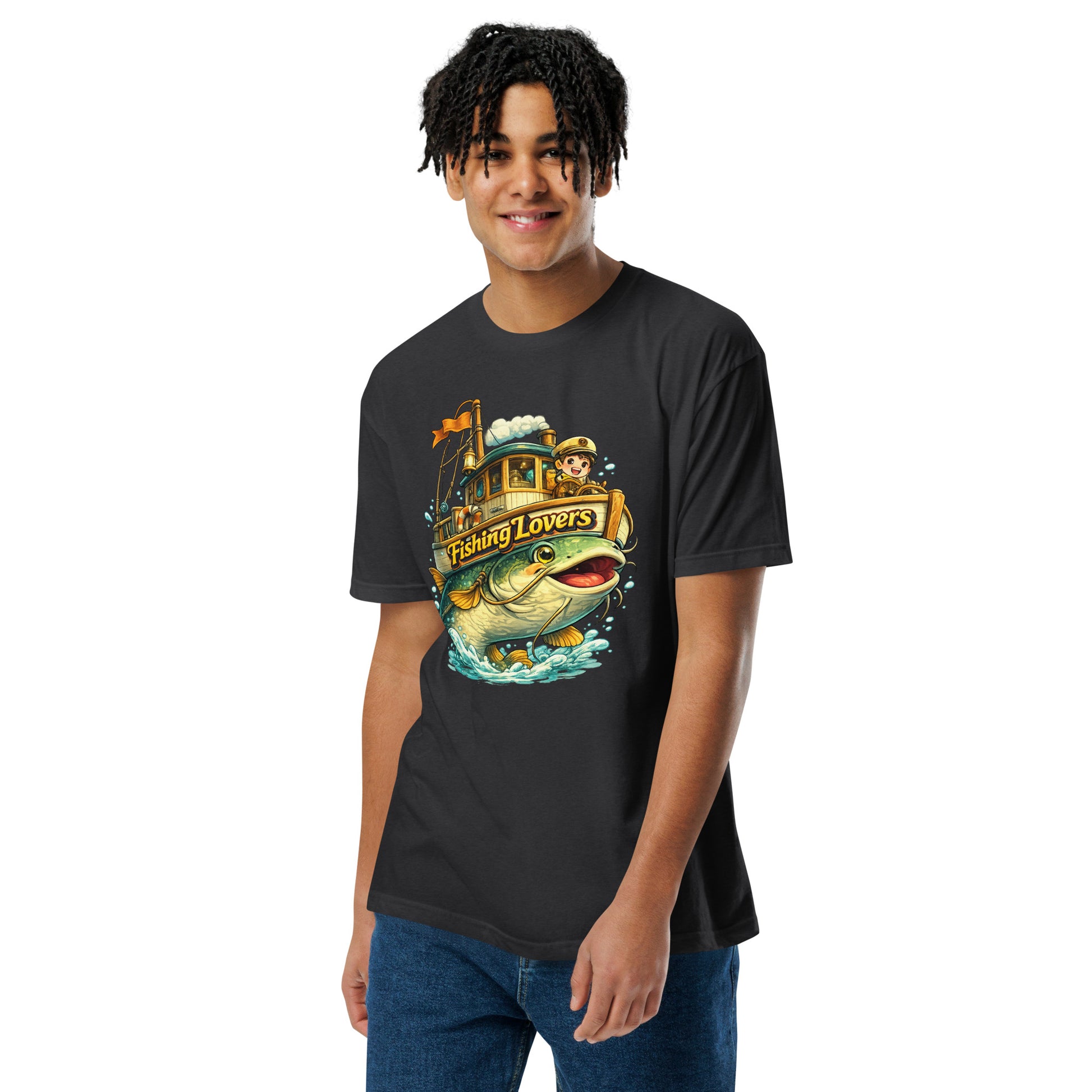 Catfish Boat T-Shirt - Cute Anime Style Fishing Lovers Fitted Graphic Tee by printfluence.net