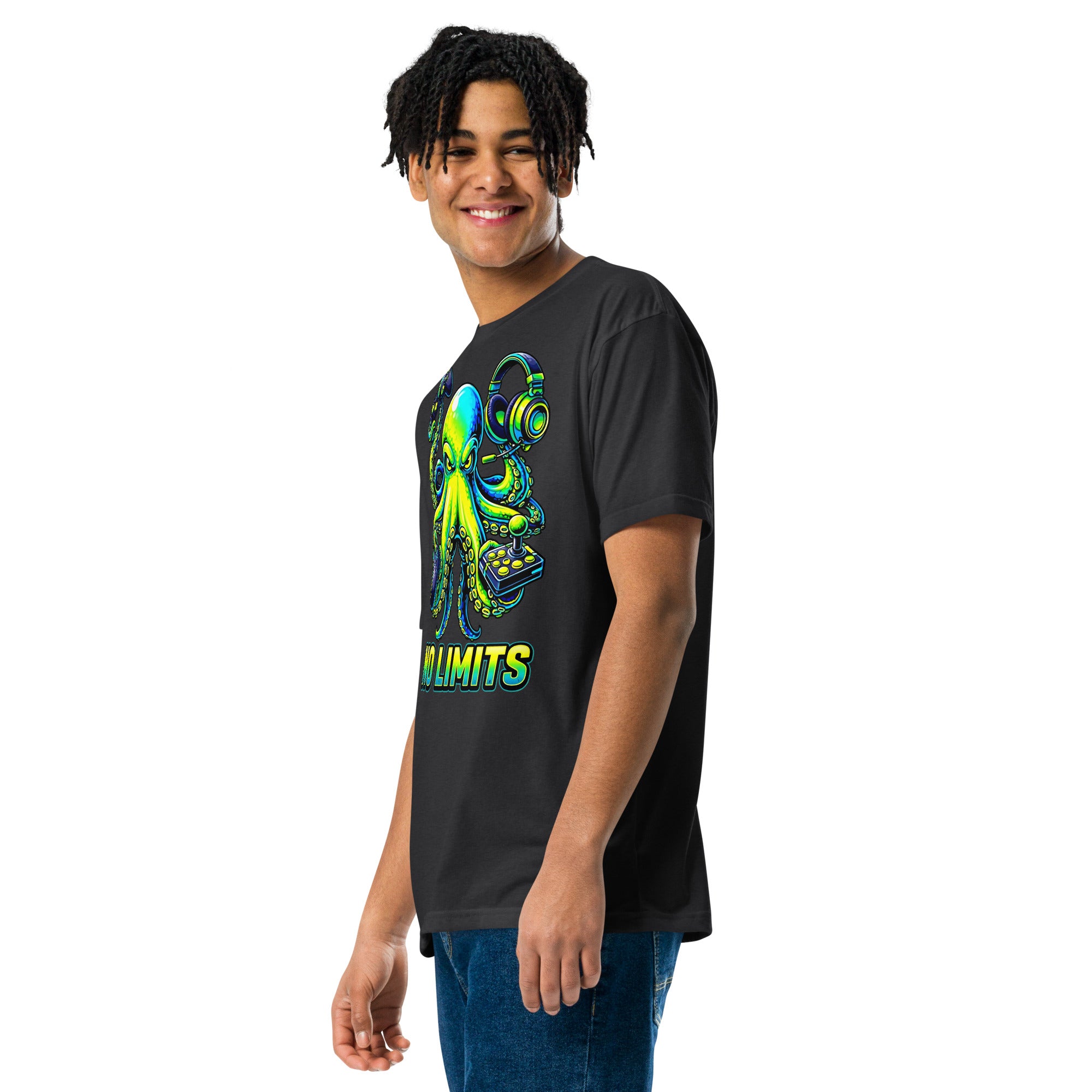 Unisex Fitted T-Shirt - Next Level 6210 - No Limits Gaming Octopus Unisex Fitted T-Shirt – Green Gamer Graphic Tee by printfluence.net