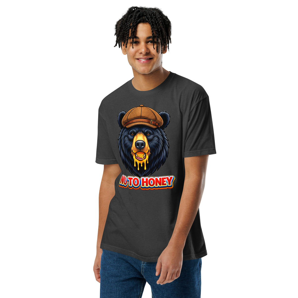 Unisex Fitted T-Shirt - Next Level 6210 - "No To Honey" Gentleman Bear Graphic T-Shirt – Retro Streetwear Style by printfluence.net