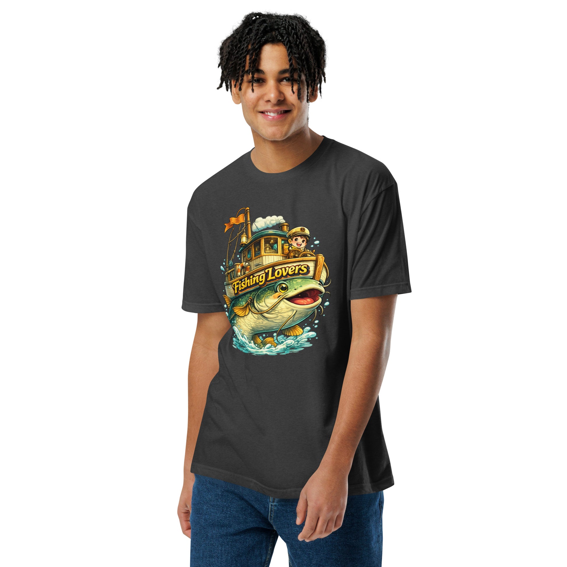 Catfish Boat T-Shirt - Cute Anime Style Fishing Lovers Fitted Graphic Tee by printfluence.net