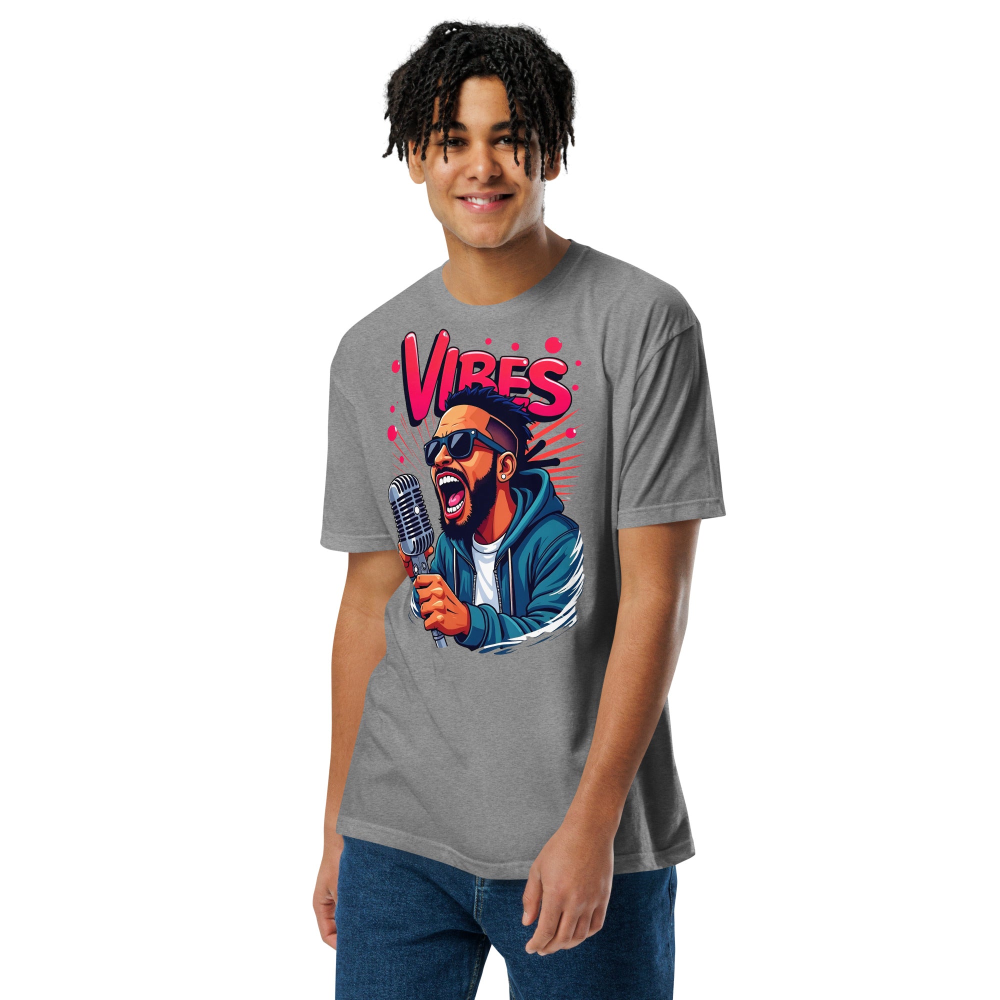 Unisex Fitted T-Shirt - Next Level 6210 - VIBES Denim Singer T-Shirt – Unisex Fitted Music Graphic by printfluence.net