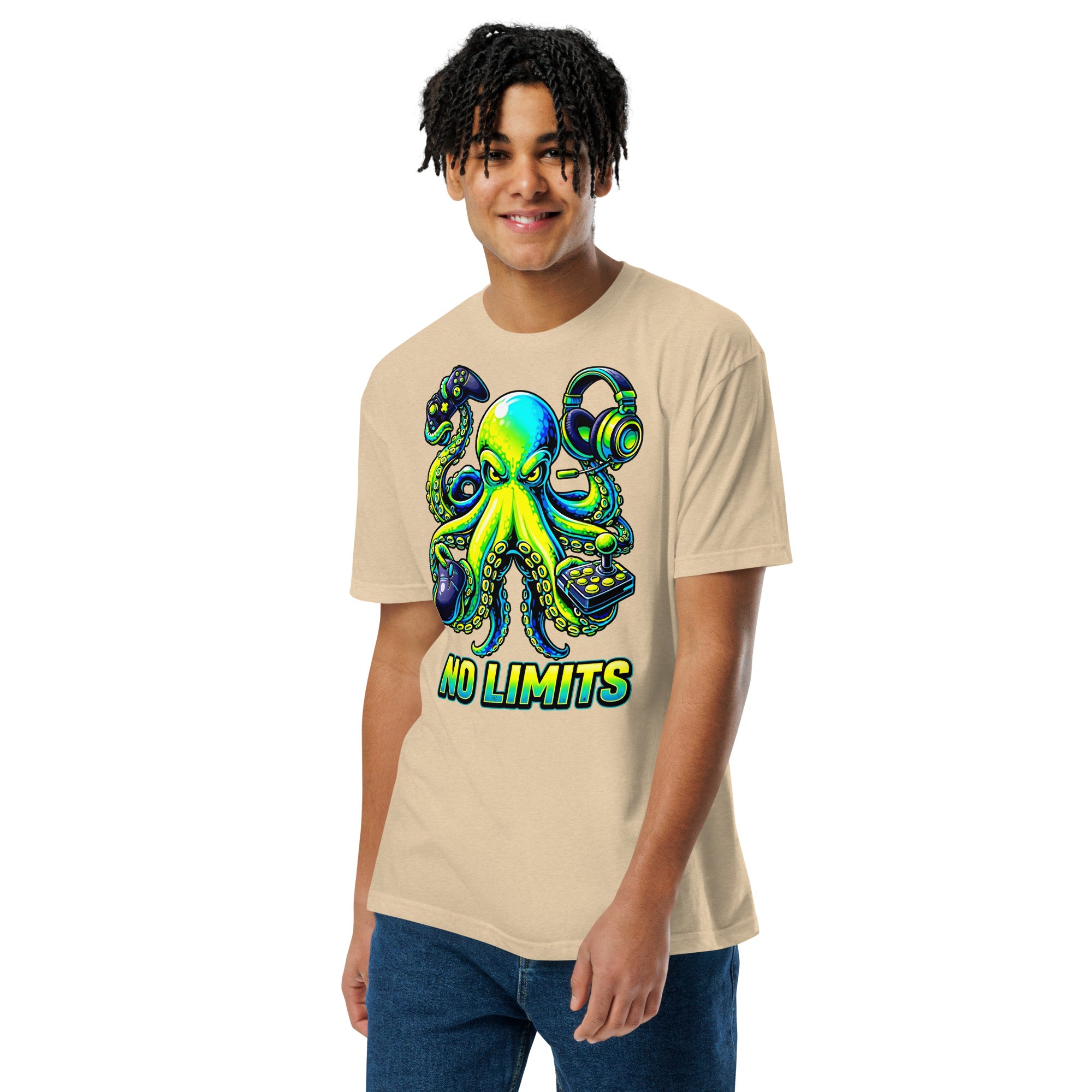 Unisex Fitted T-Shirt - Next Level 6210 - No Limits Gaming Octopus Unisex Fitted T-Shirt – Green Gamer Graphic Tee by printfluence.net