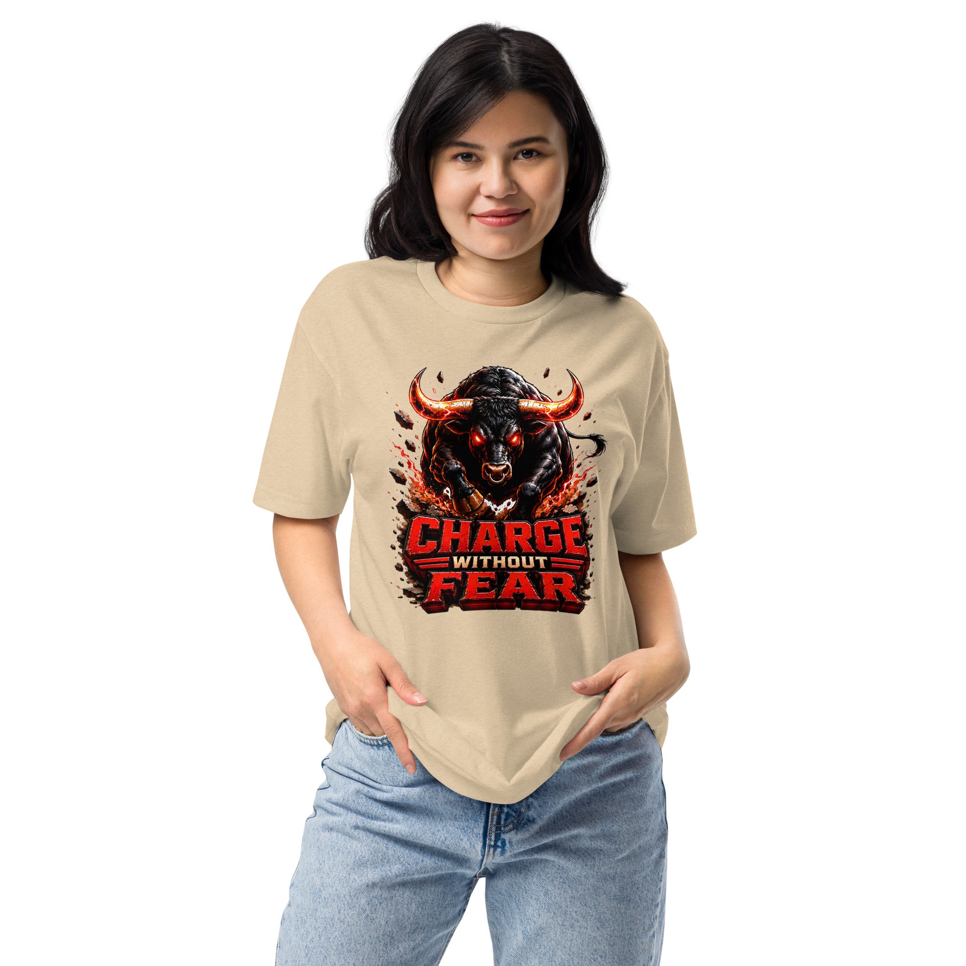Unisex Fitted T-Shirt - Charge Without Fear - Raging Fire Bull by printfluence.net