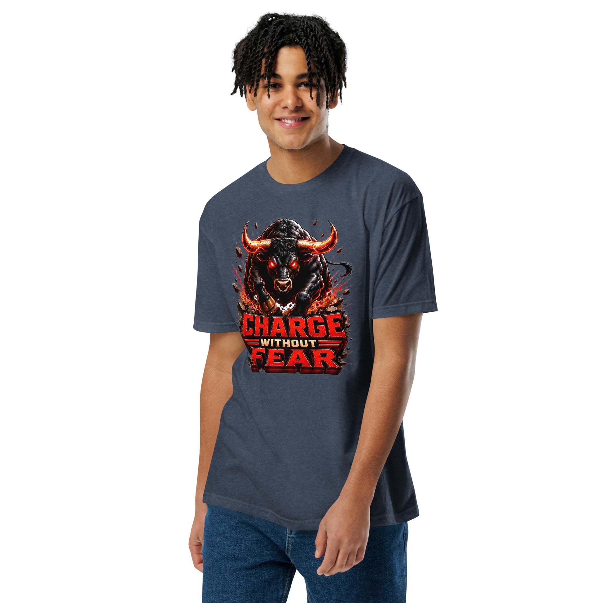 Unisex Fitted T-Shirt - Charge Without Fear - Raging Fire Bull by printfluence.net