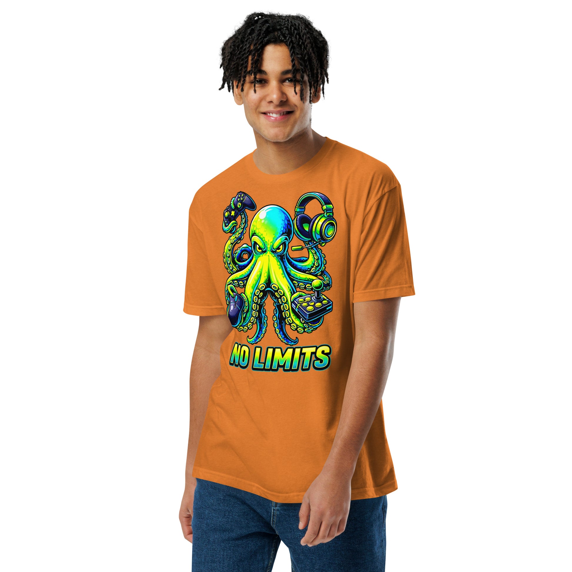Unisex Fitted T-Shirt - Next Level 6210 - No Limits Gaming Octopus Unisex Fitted T-Shirt – Green Gamer Graphic Tee by printfluence.net