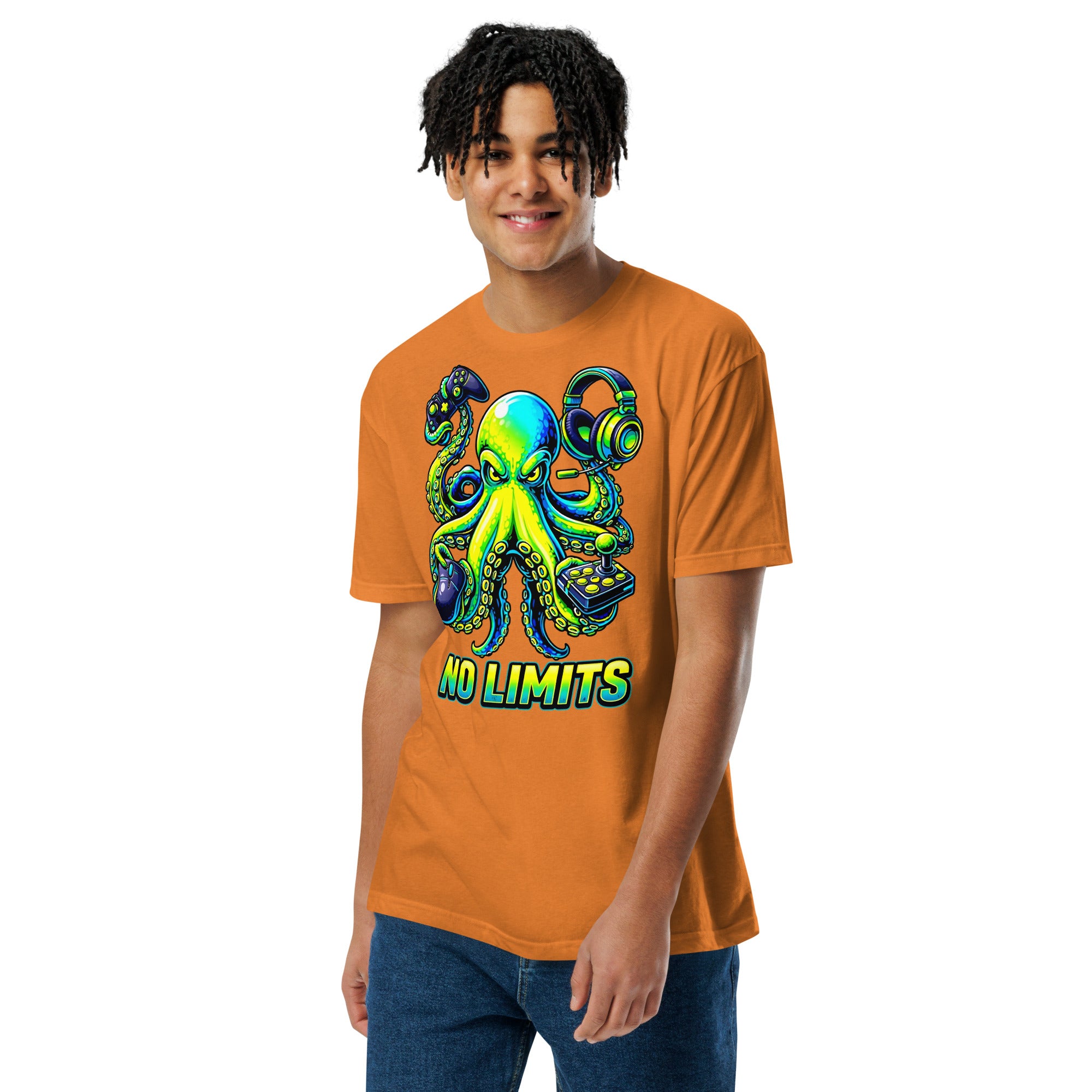 Unisex Fitted T-Shirt - Next Level 6210 - No Limits Gaming Octopus Unisex Fitted T-Shirt – Green Gamer Graphic Tee by printfluence.net