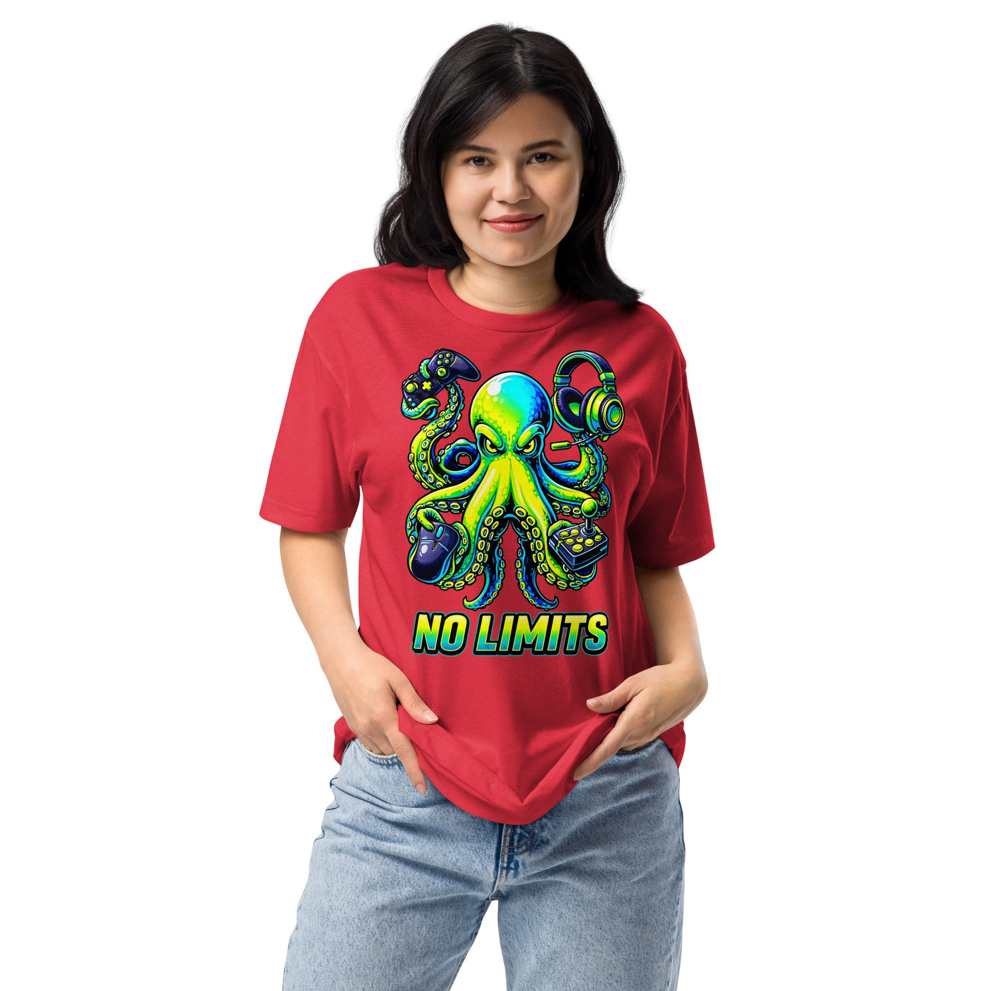 Unisex Fitted T-Shirt - Next Level 6210 - No Limits Gaming Octopus Unisex Fitted T-Shirt – Green Gamer Graphic Tee by printfluence.net