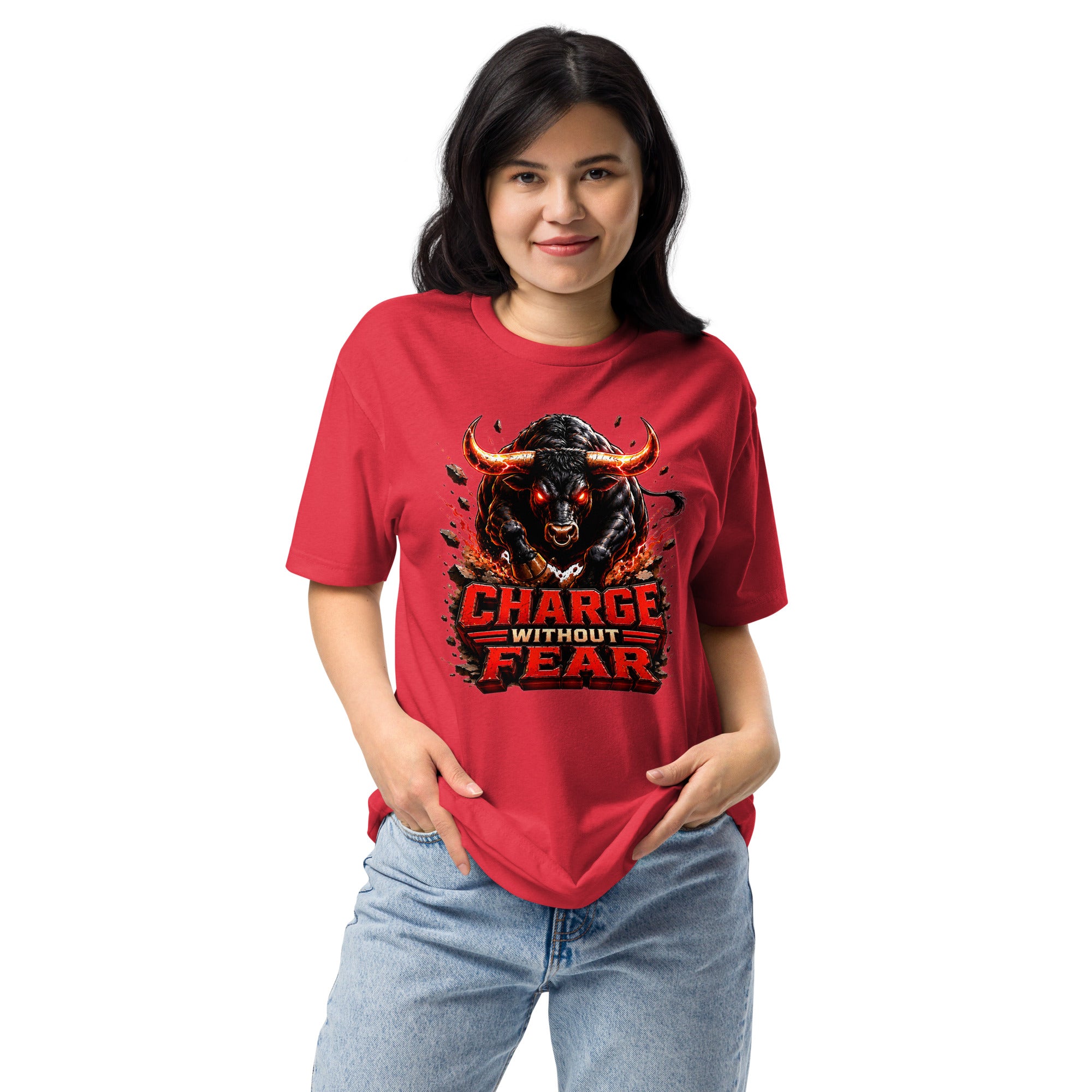 Unisex Fitted T-Shirt - Charge Without Fear - Raging Fire Bull by printfluence.net