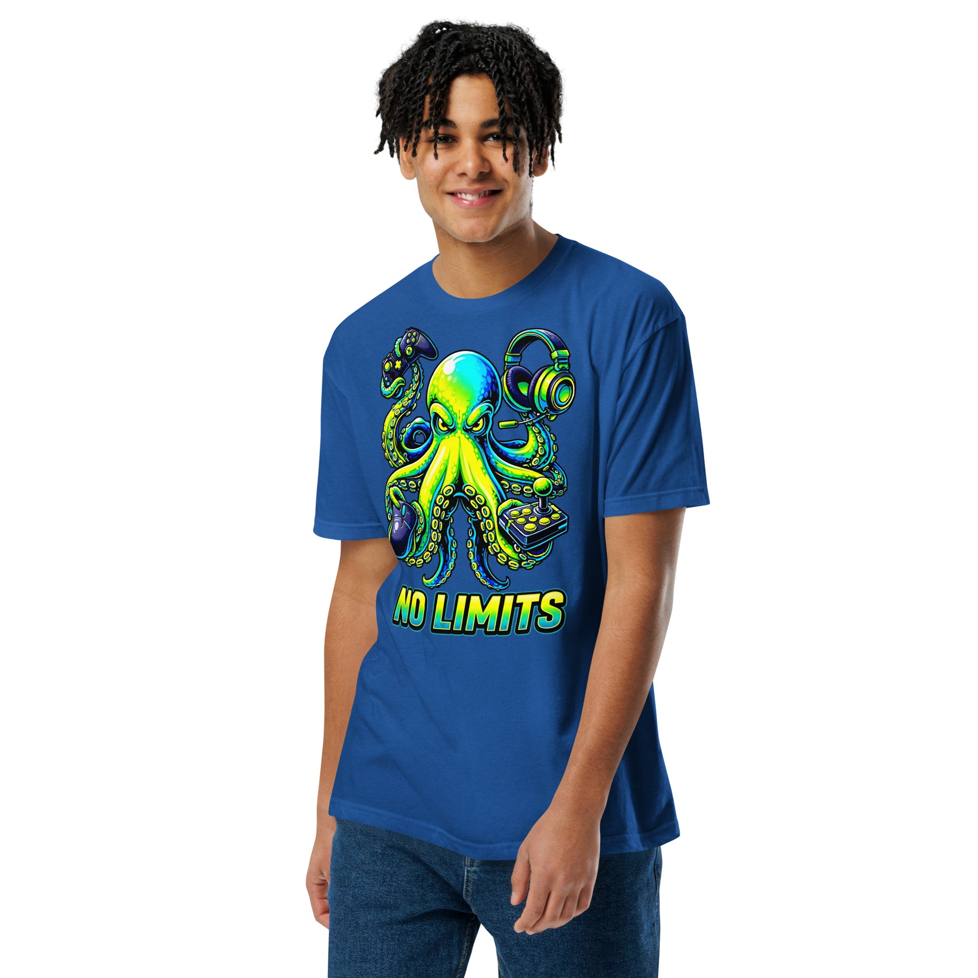 Unisex Fitted T-Shirt - Next Level 6210 - No Limits Gaming Octopus Unisex Fitted T-Shirt – Green Gamer Graphic Tee by printfluence.net