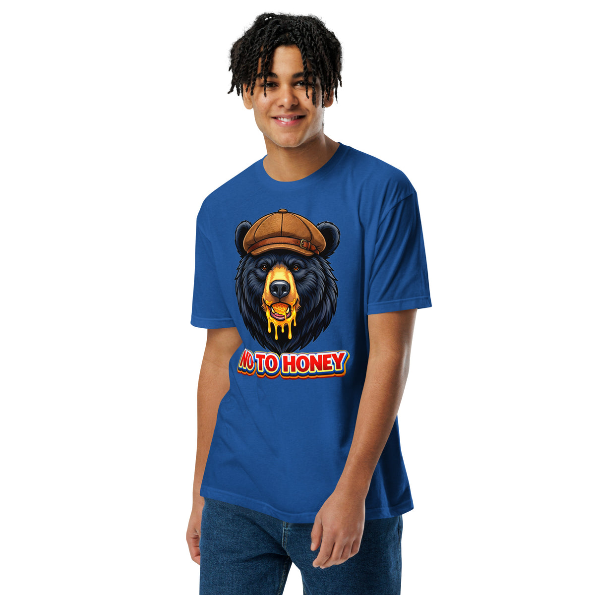 Unisex Fitted T-Shirt - Next Level 6210 - "No To Honey" Gentleman Bear Graphic T-Shirt – Retro Streetwear Style by printfluence.net