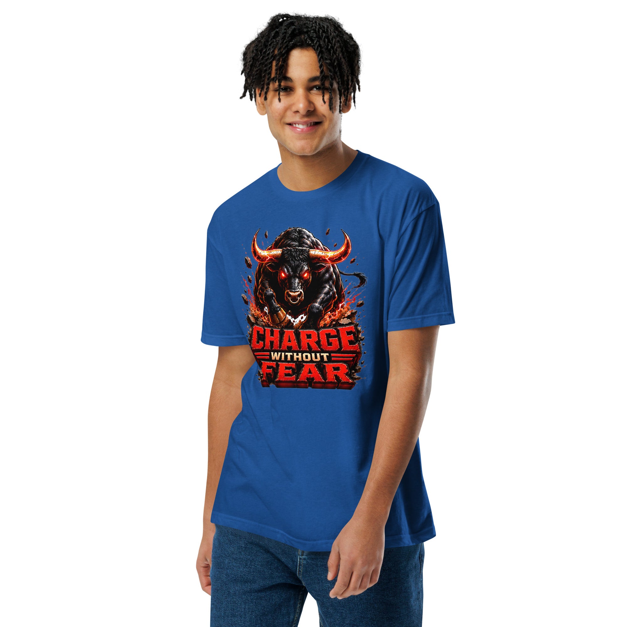 Unisex Fitted T-Shirt - Charge Without Fear - Raging Fire Bull by printfluence.net