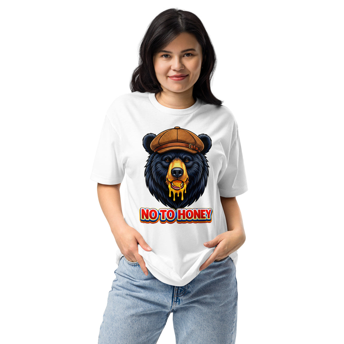Unisex Fitted T-Shirt - Next Level 6210 - "No To Honey" Gentleman Bear Graphic T-Shirt – Retro Streetwear Style by printfluence.net