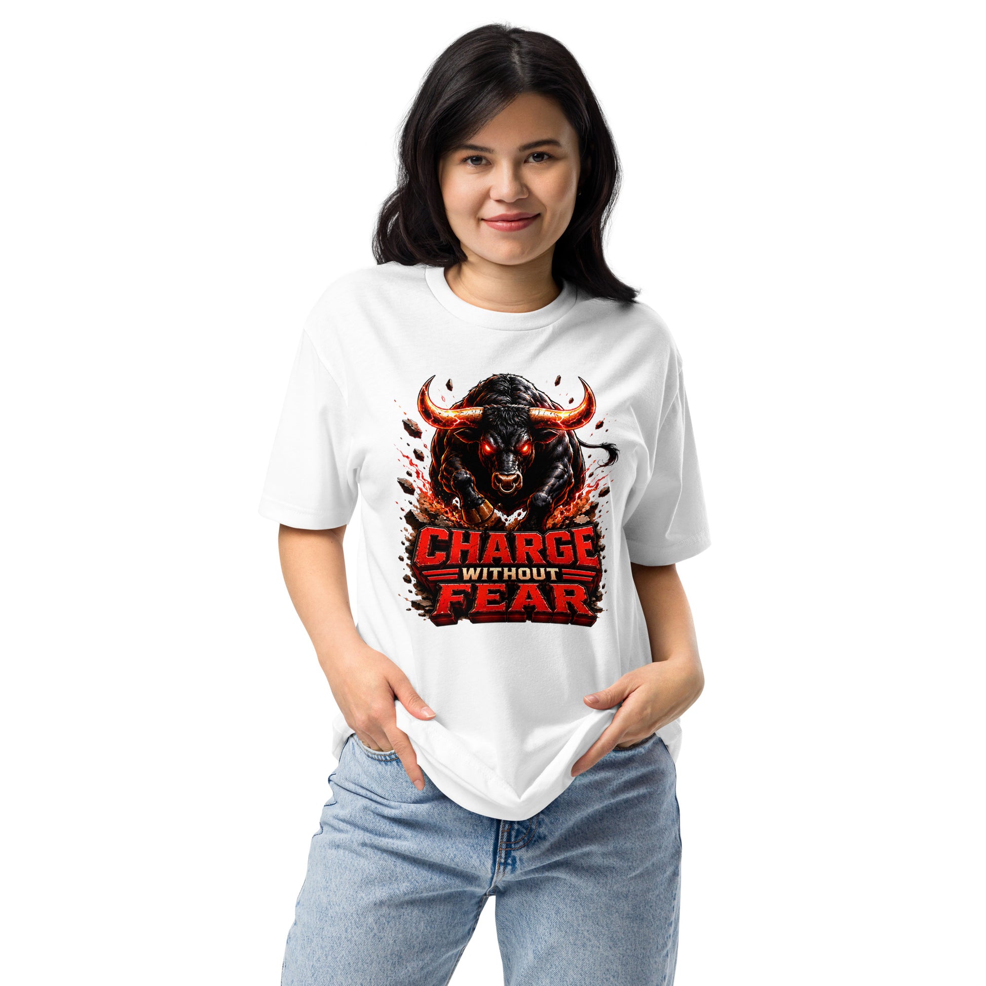 Unisex Fitted T-Shirt - Charge Without Fear - Raging Fire Bull by printfluence.net
