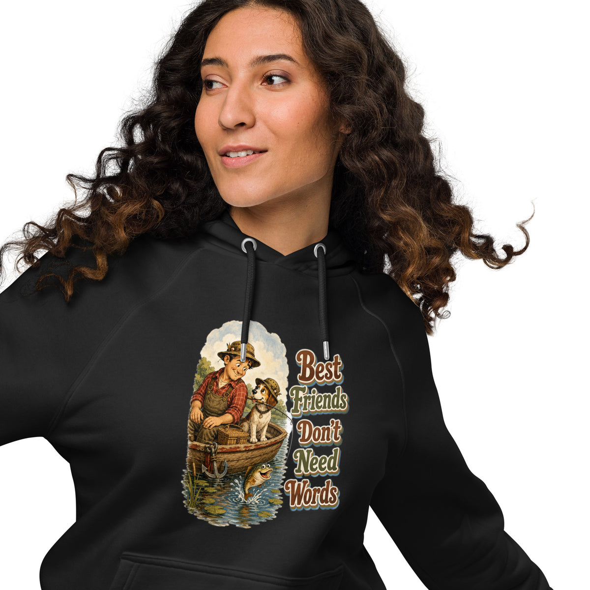 Fishing Lovers | Unisex Eco Raglan Hoodie — Best Friends Don't Need Words by printfluence