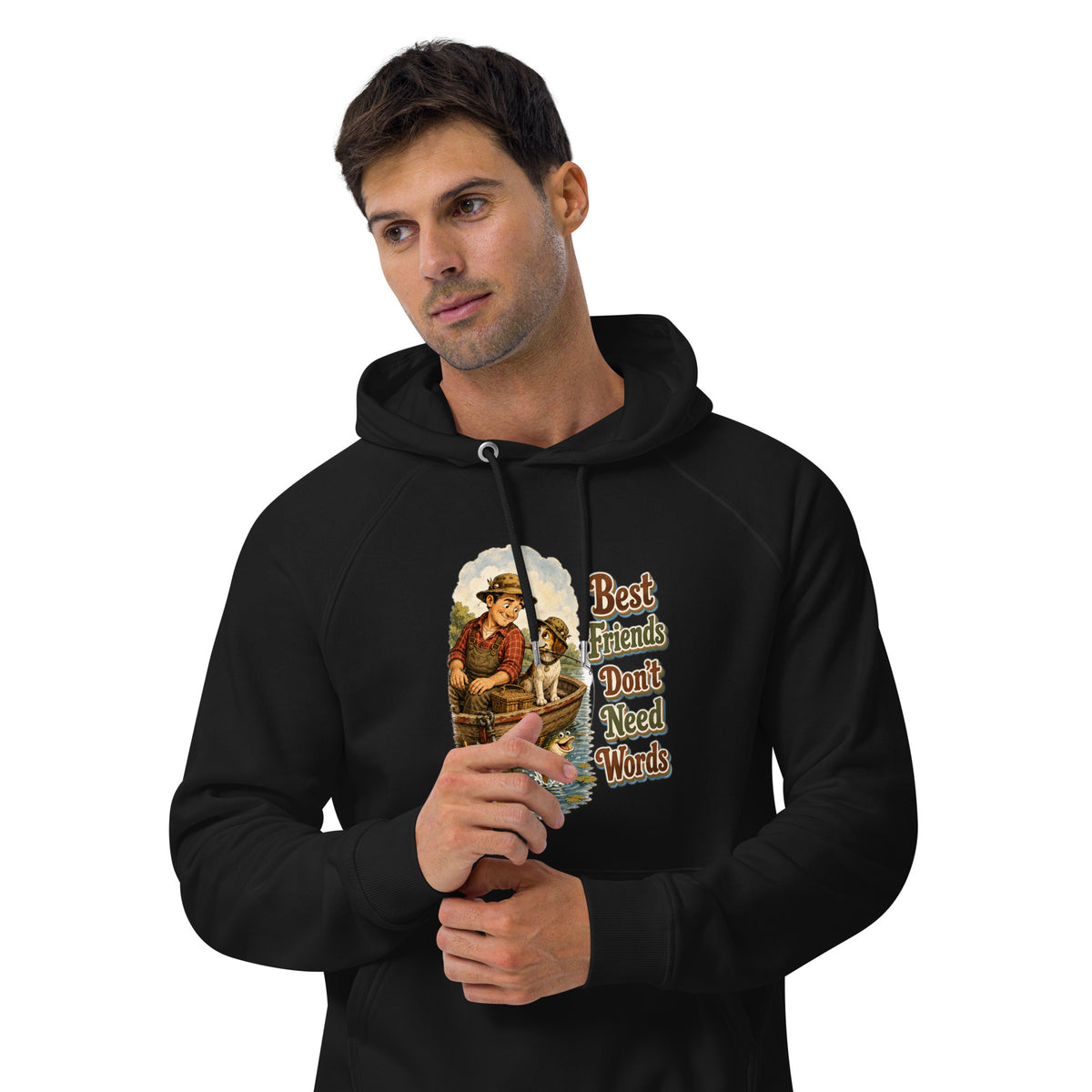Fishing Lovers | Unisex Eco Raglan Hoodie — Best Friends Don't Need Words by printfluence