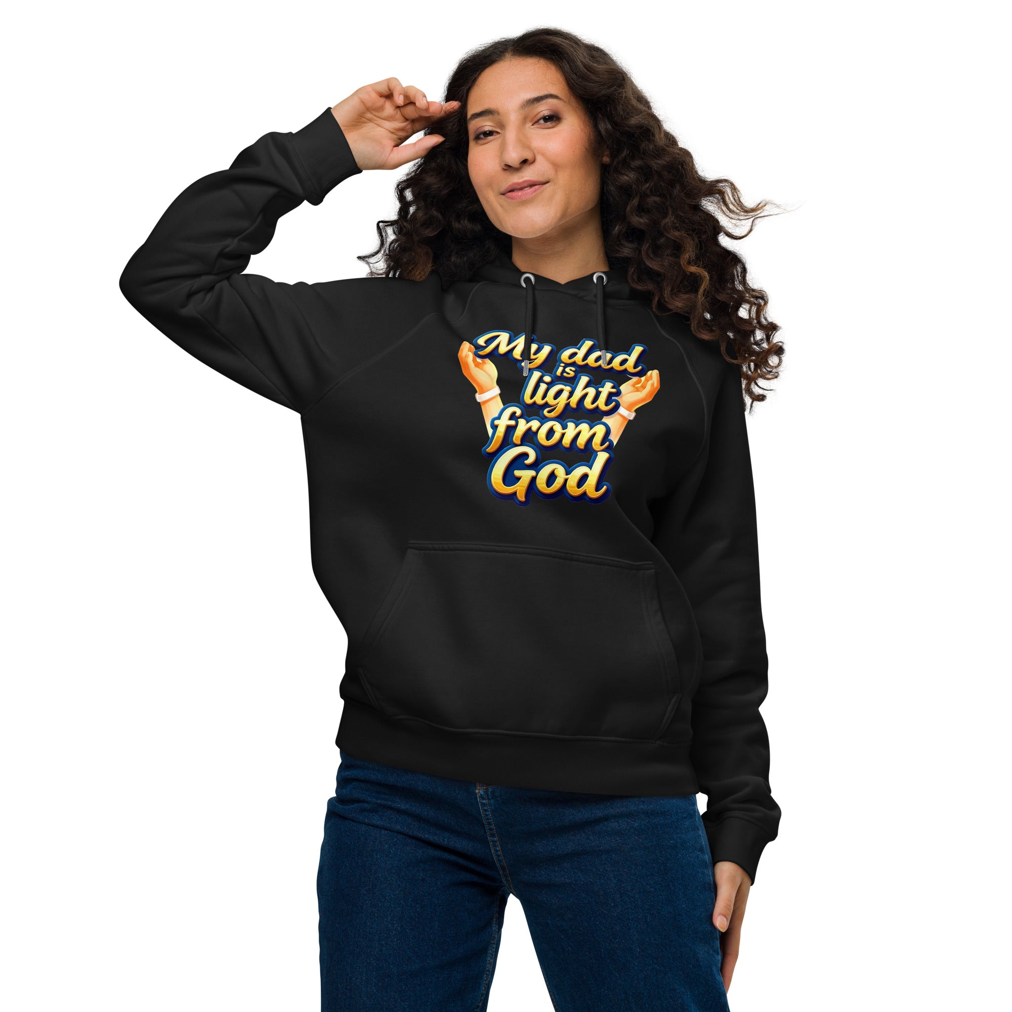 Unisex eco raglan hoodie - My Dad Is Light from God – Premium Eco Raglan Hoodie for Legacy Leaders by printfluence.net