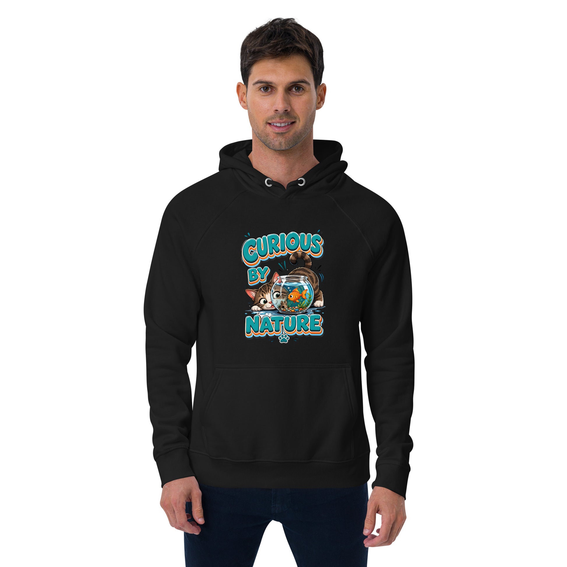 Elite Curious Cat - Premium Luxury Eco Raglan Hoodie for Cat Lovers by printfluence.net