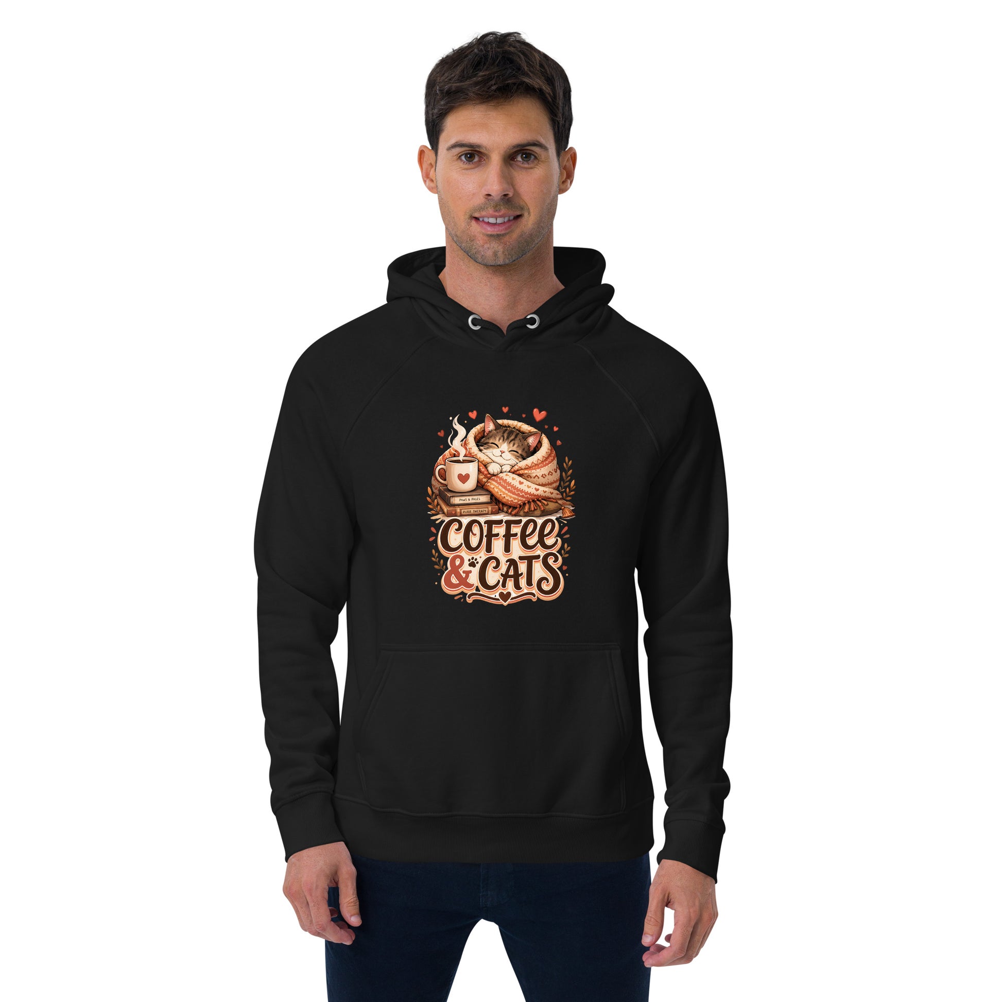 Elite Coffee and Cats - Premium Luxury Eco Raglan Hoodie for Cat Lovers by printfluence.net