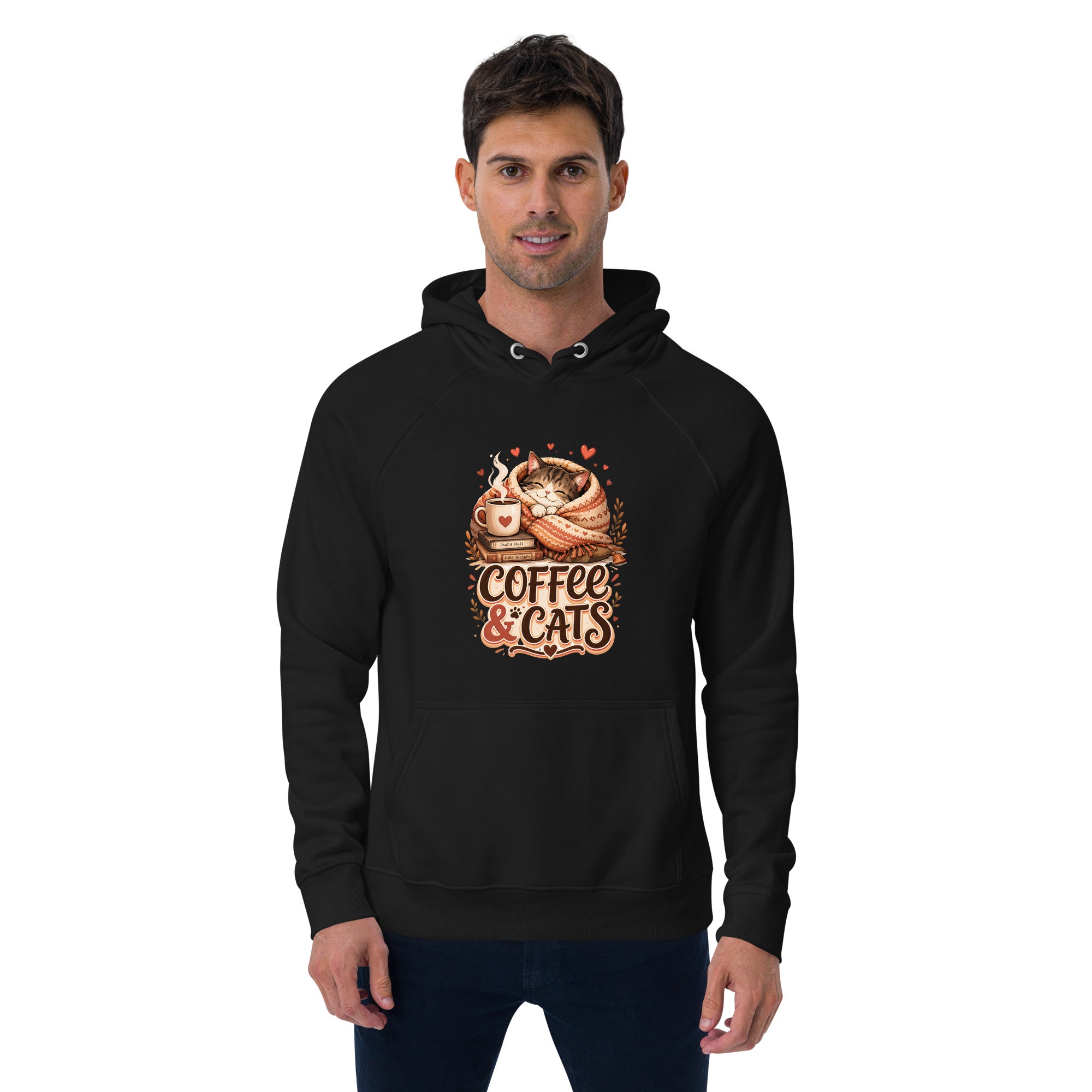 Elite Coffee and Cats - Premium Luxury Eco Raglan Hoodie for Cat Lovers by printfluence.net