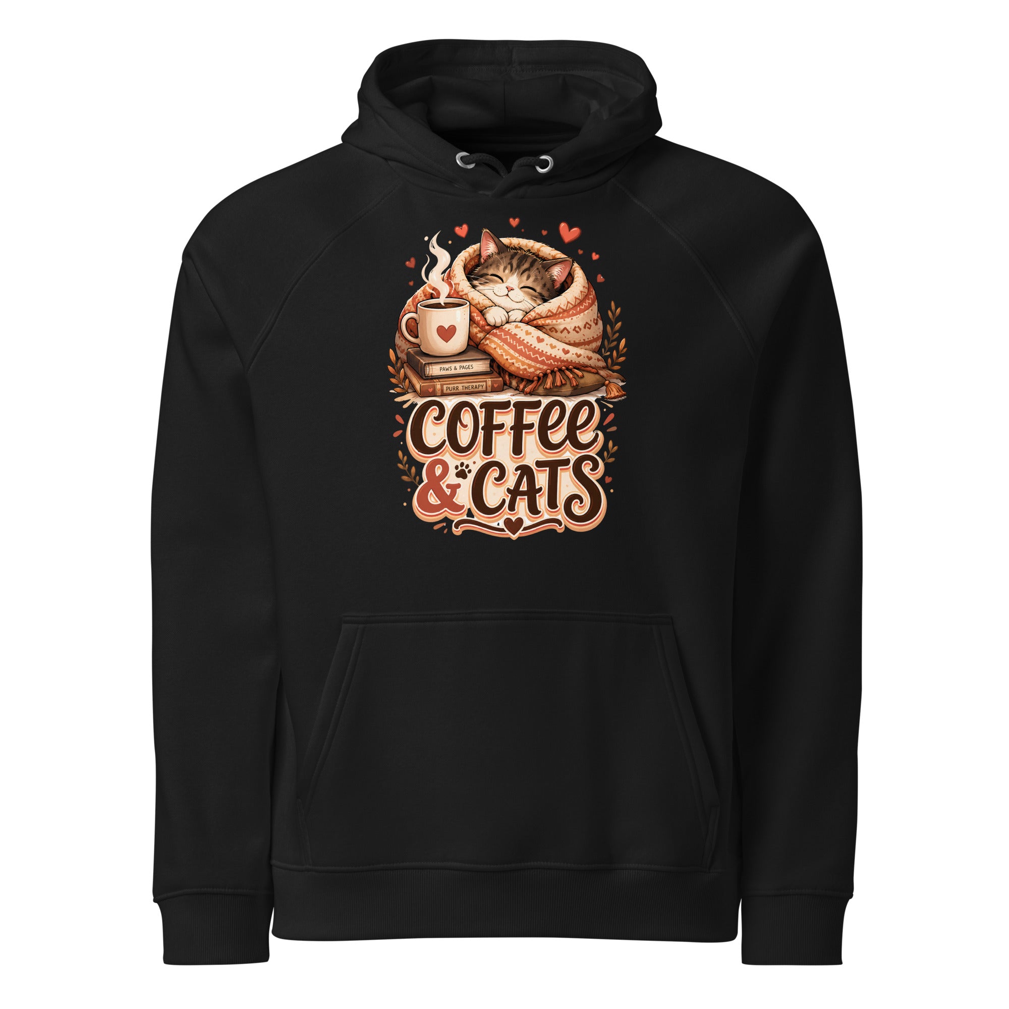 Elite Coffee and Cats - Premium Luxury Eco Raglan Hoodie for Cat Lovers by printfluence.net