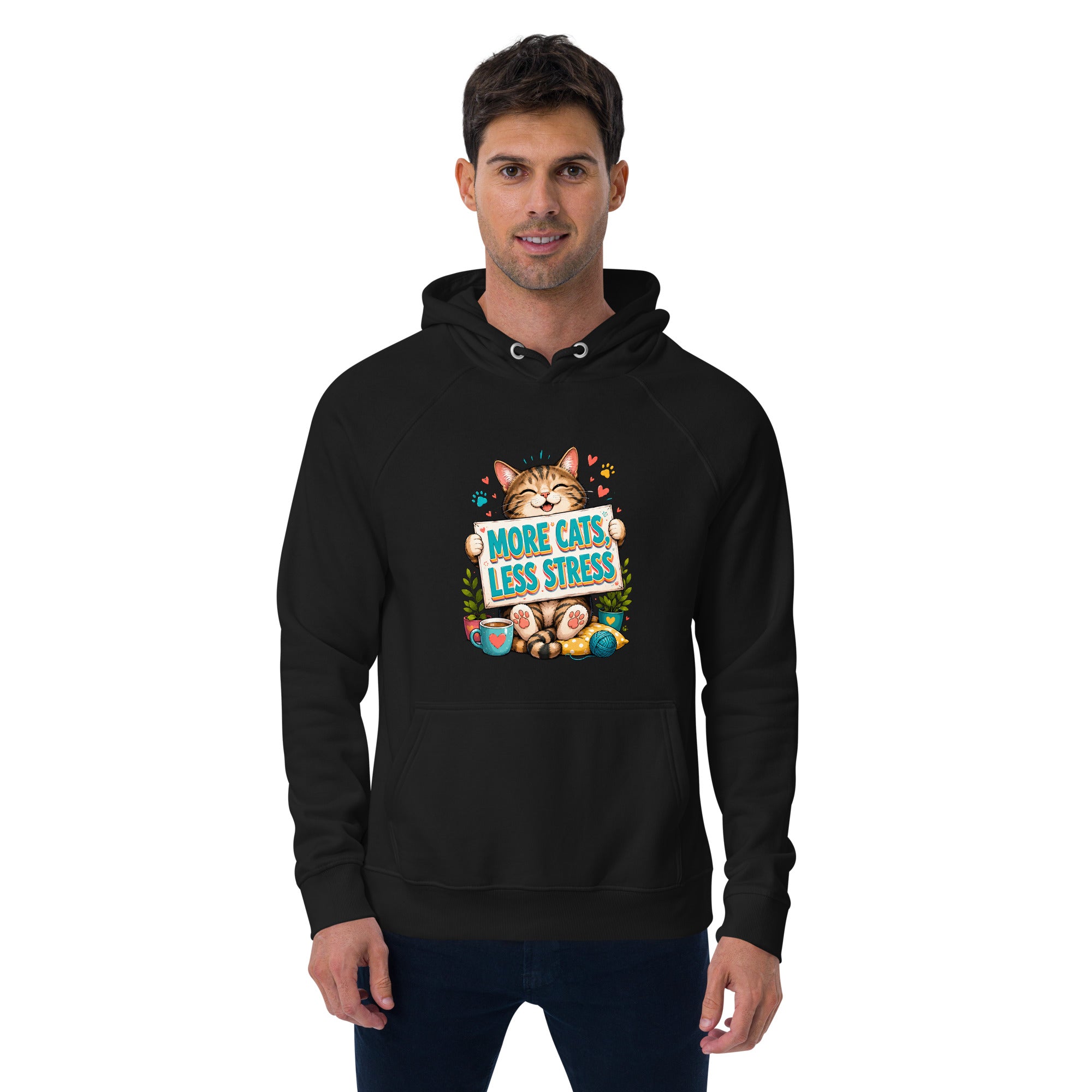 Elite More Cats Less Stress - Premium Luxury Eco Raglan Hoodie for Cat Lovers by printfluence.net