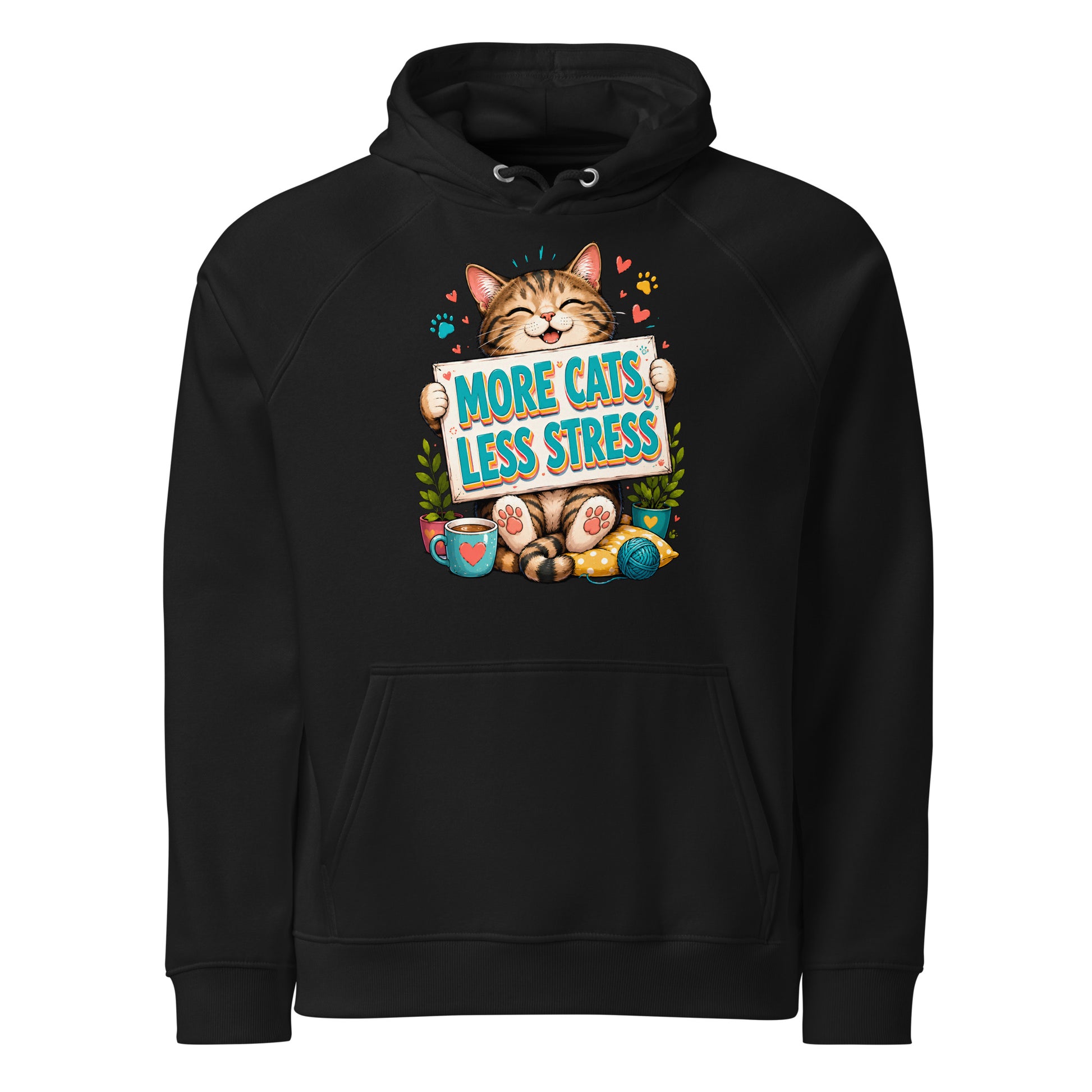 Elite More Cats Less Stress - Premium Luxury Eco Raglan Hoodie for Cat Lovers by printfluence.net