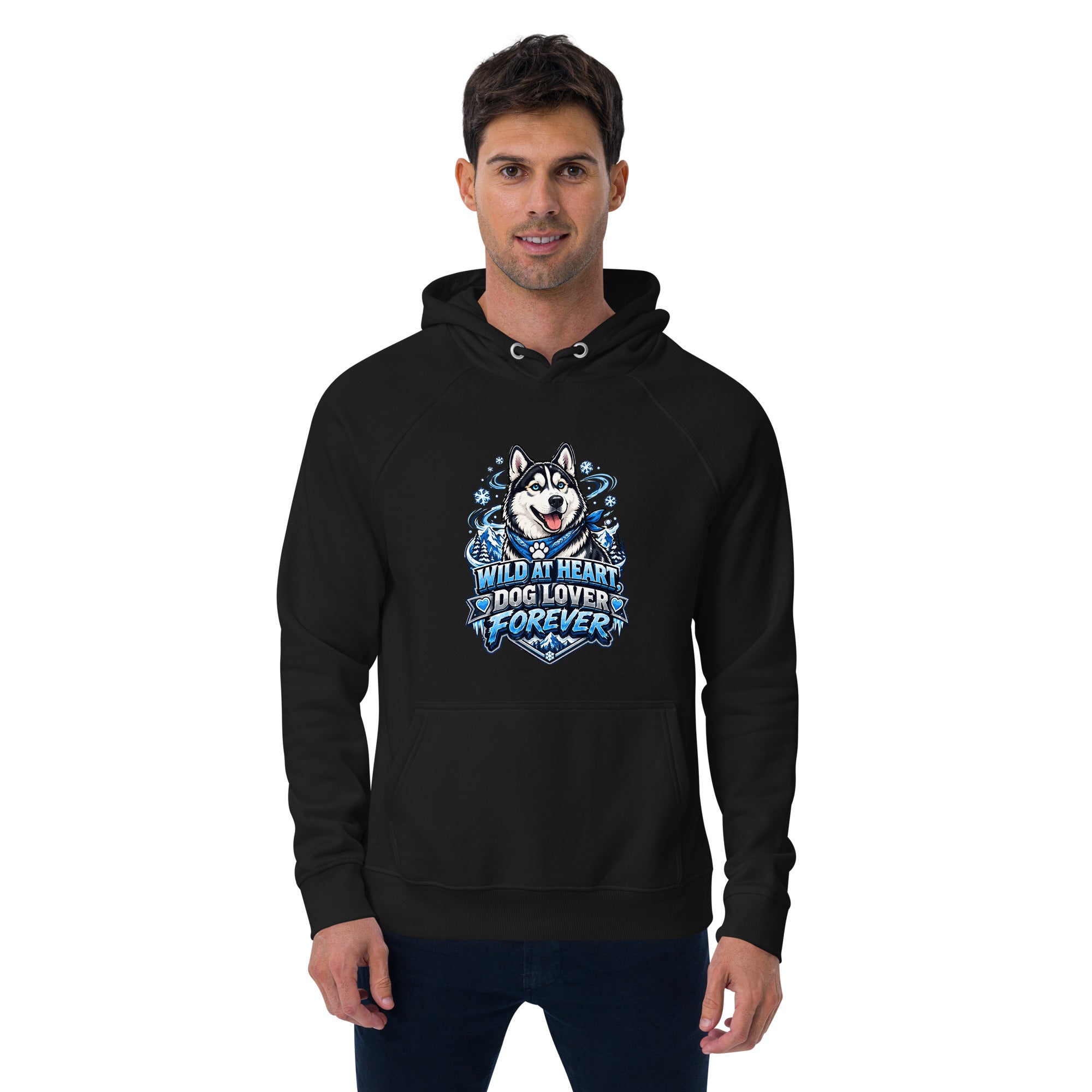 Wild at Heart Husky Blue Eyes Unisex Eco Raglan Hoodie - Sustainable Winter Graphic Pullover by printfluence.net