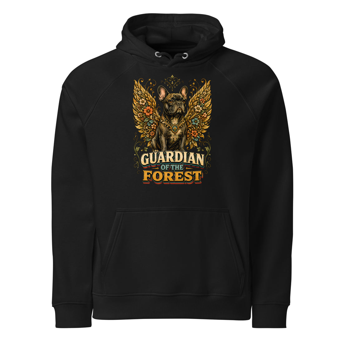 French Bulldog Guardian of the Forest Eco Raglan Hoodie – Premium Sustainable Pullover for Frenchie Lovers H-18 by printfluence.net