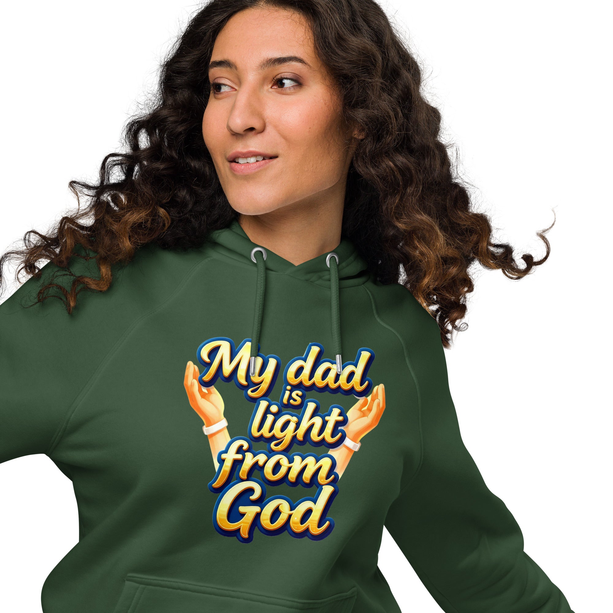 Unisex eco raglan hoodie - My Dad Is Light from God – Premium Eco Raglan Hoodie for Legacy Leaders by printfluence.net