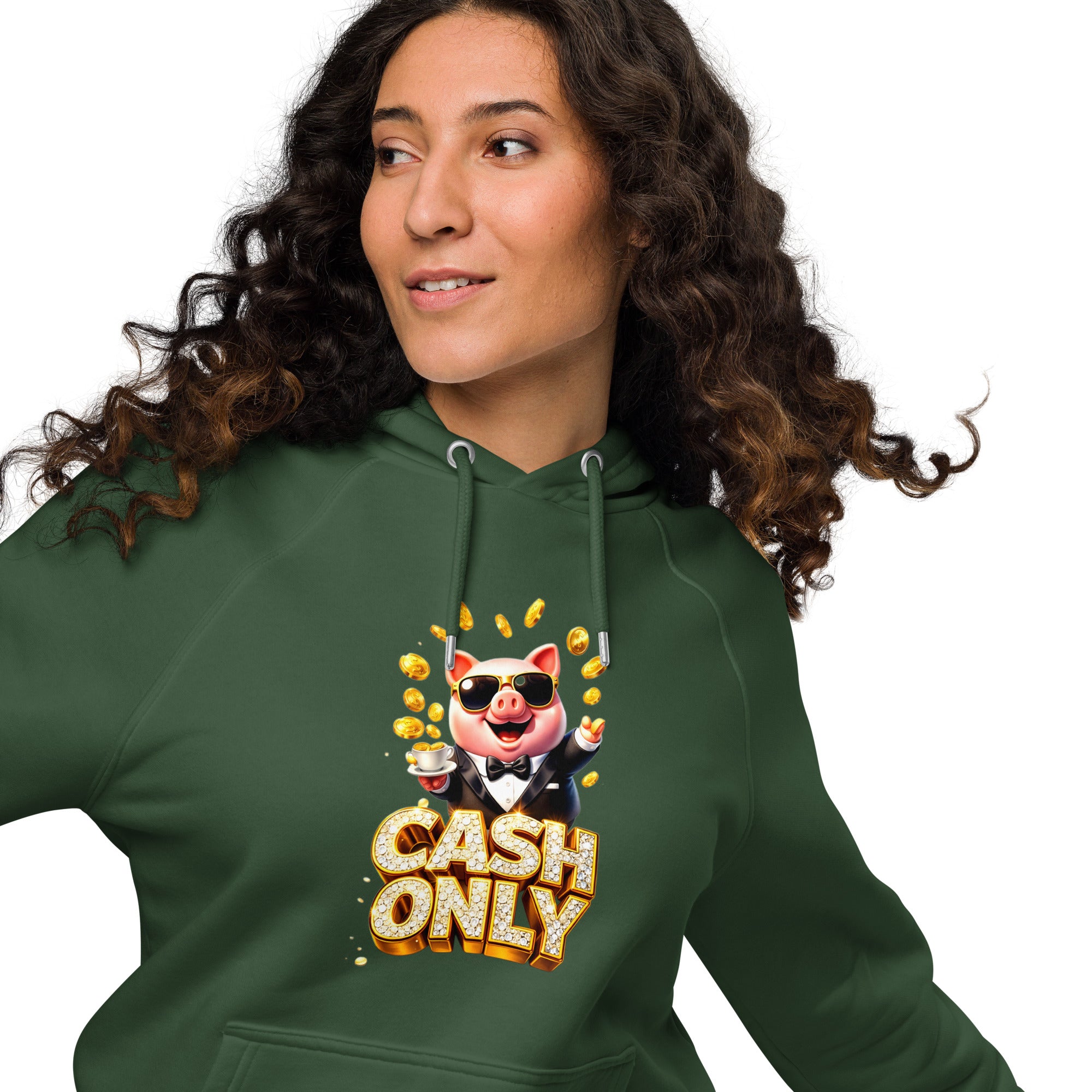 Unisex eco raglan hoodie - The Boss Pig: "CASH ONLY" Wealth & Hustle Unisex Eco Raglan Hoodie 🐷💸 by printfluence.net