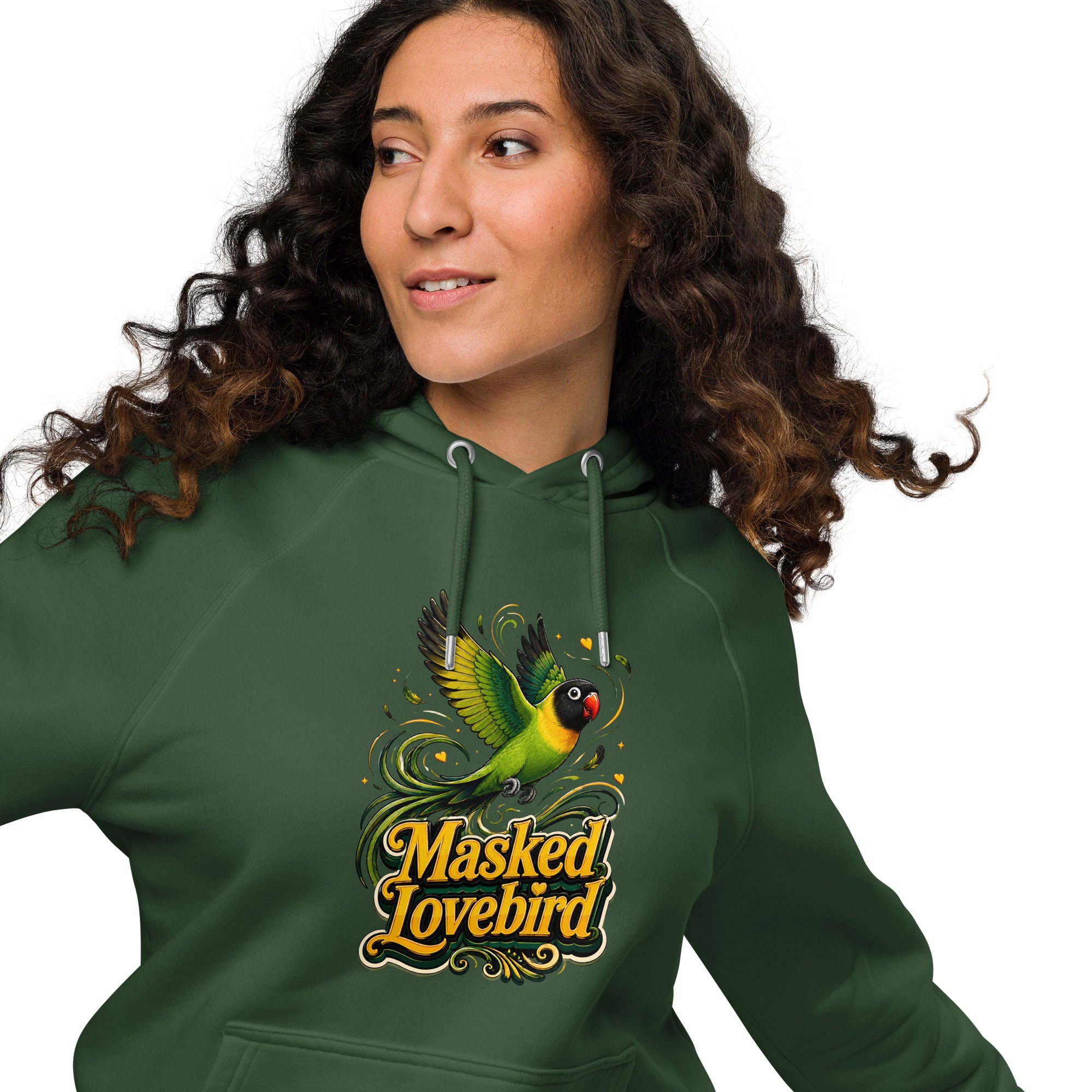 Unisex Eco Raglan Hoodie – Masked Lovebird Lovers Edition by printfluence.net