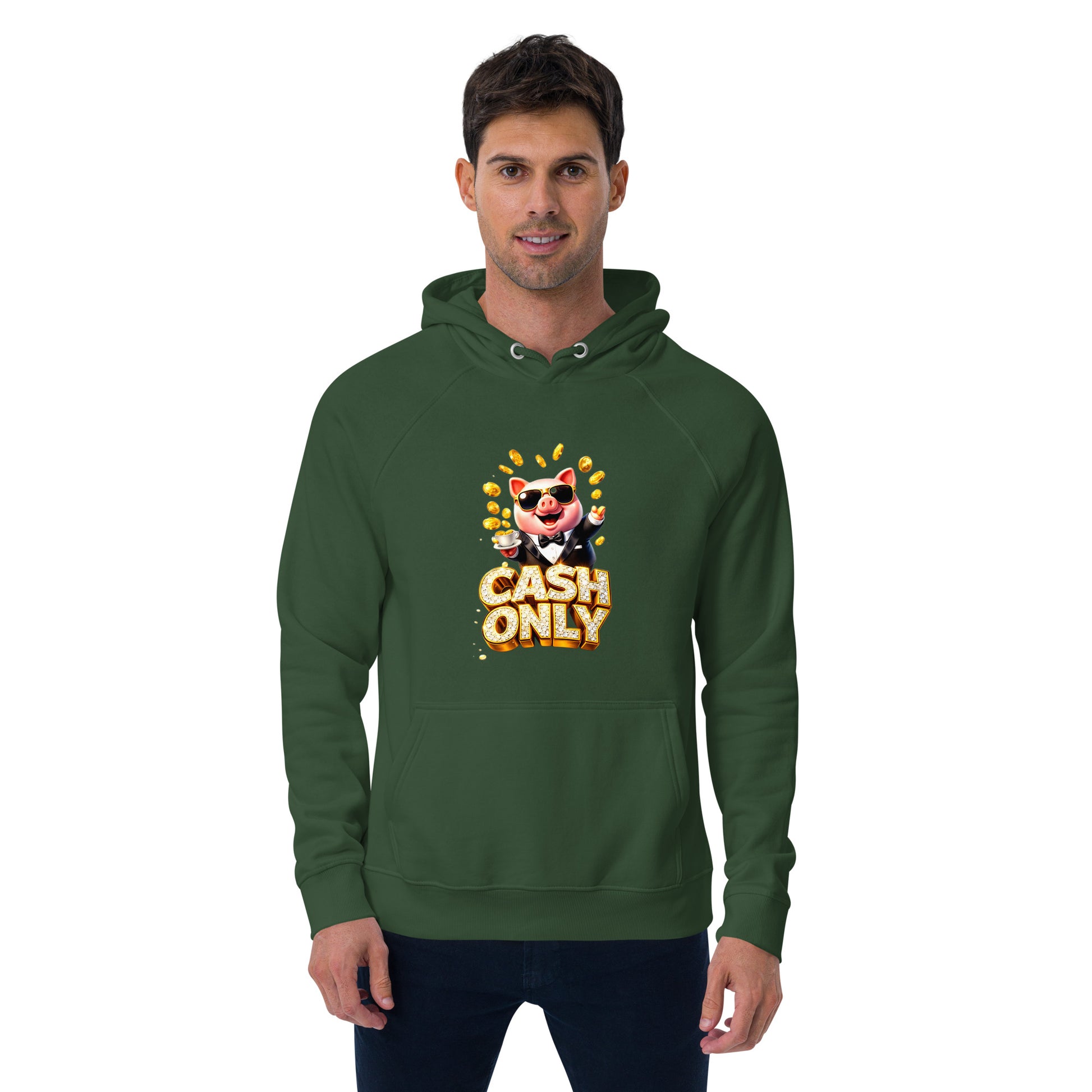 Unisex eco raglan hoodie - The Boss Pig: "CASH ONLY" Wealth & Hustle Unisex Eco Raglan Hoodie 🐷💸 by printfluence.net