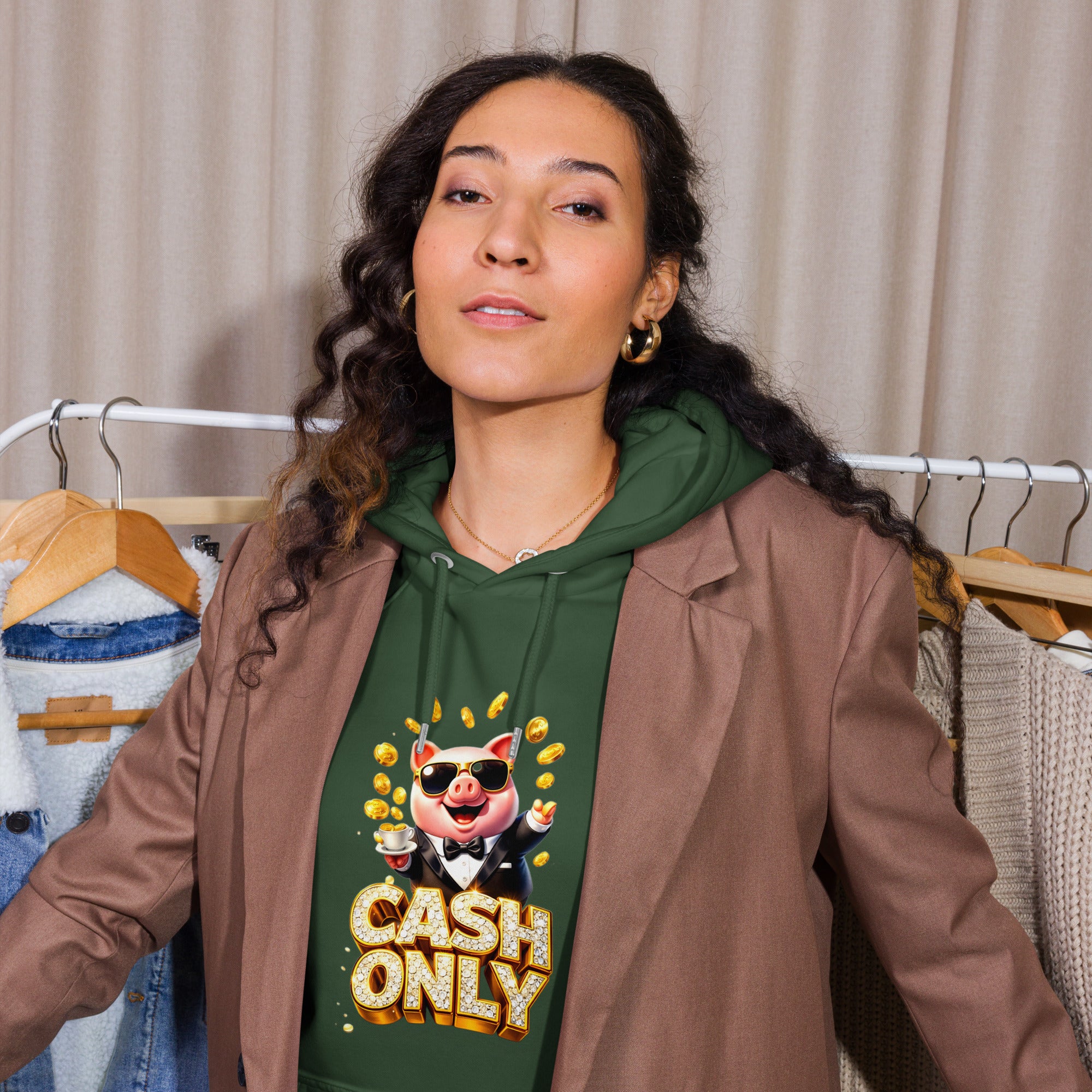 Unisex eco raglan hoodie - The Boss Pig: "CASH ONLY" Wealth & Hustle Unisex Eco Raglan Hoodie 🐷💸 by printfluence.net