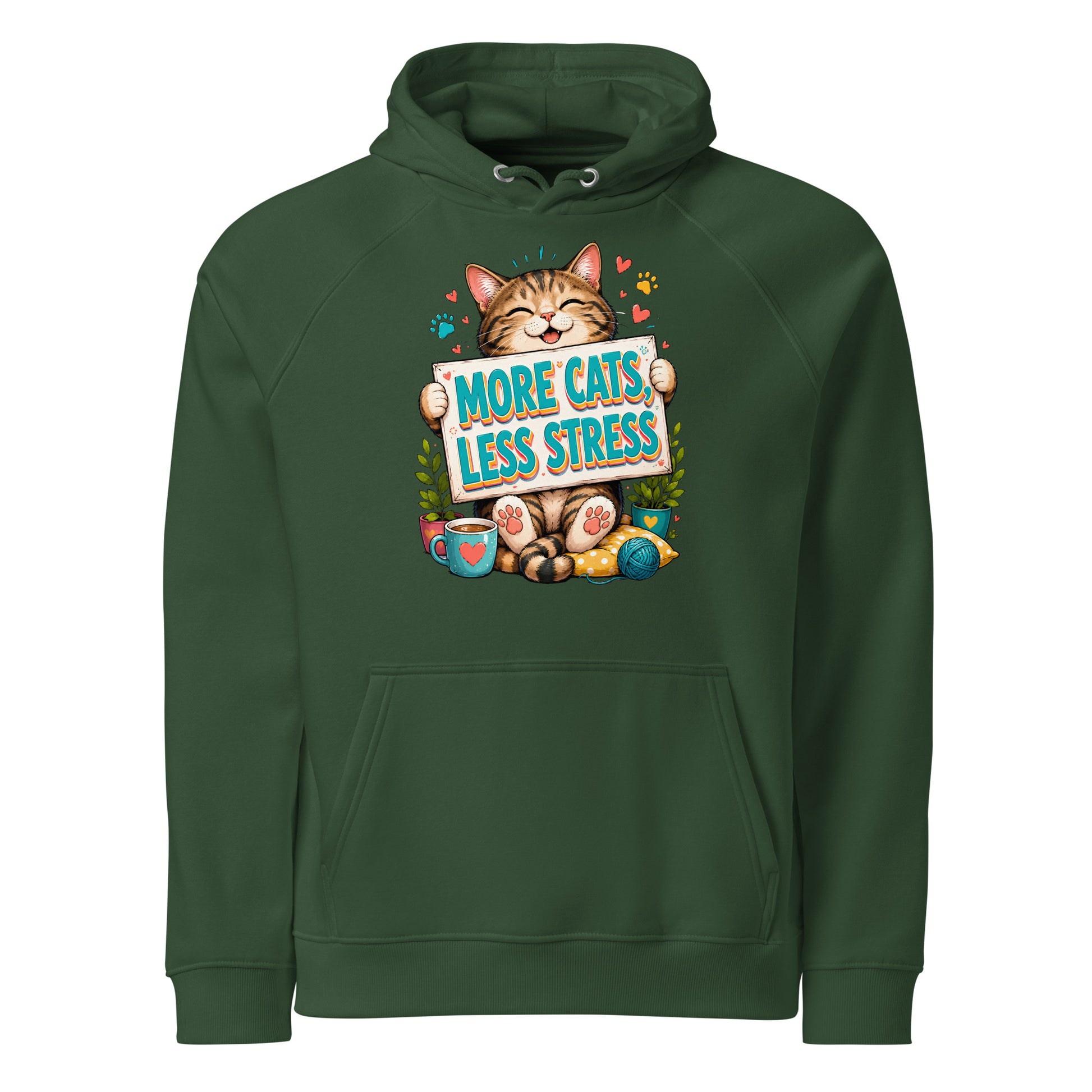 Elite More Cats Less Stress - Premium Luxury Eco Raglan Hoodie for Cat Lovers by printfluence.net