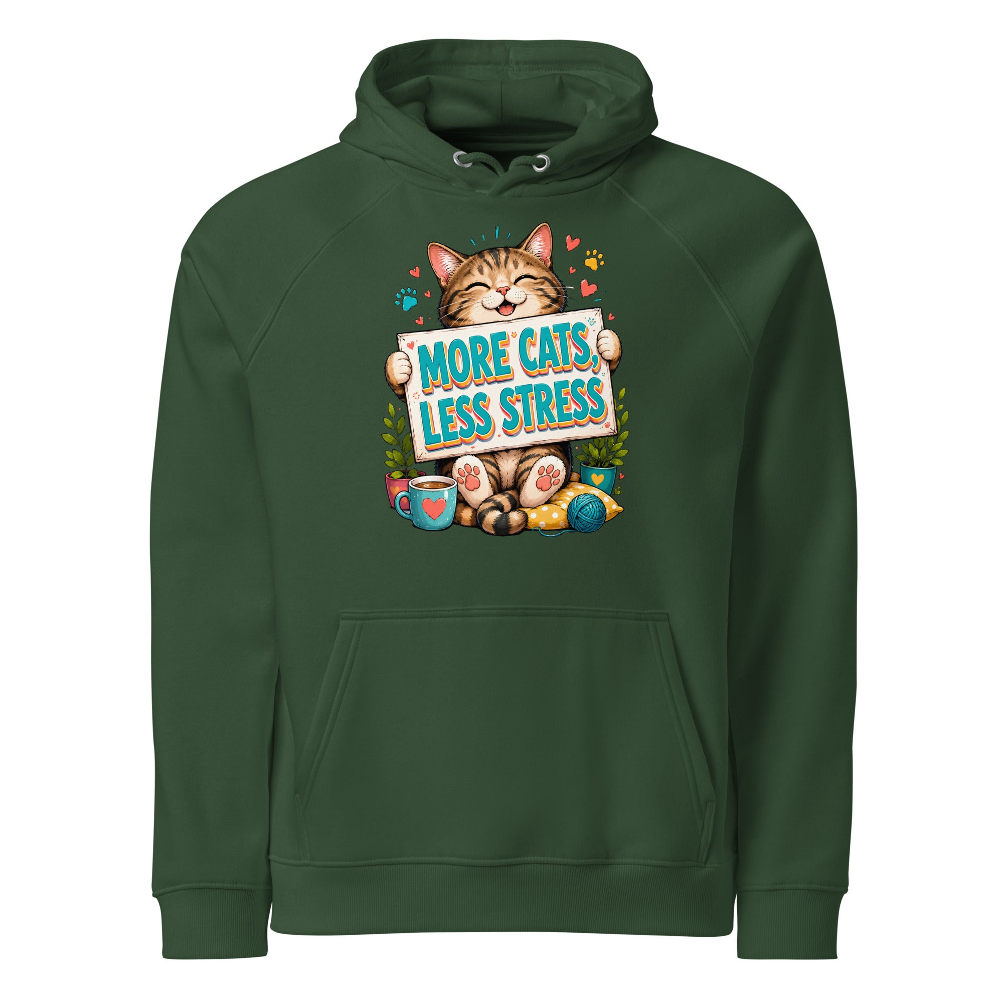 Elite More Cats Less Stress - Premium Luxury Eco Raglan Hoodie for Cat Lovers by printfluence.net