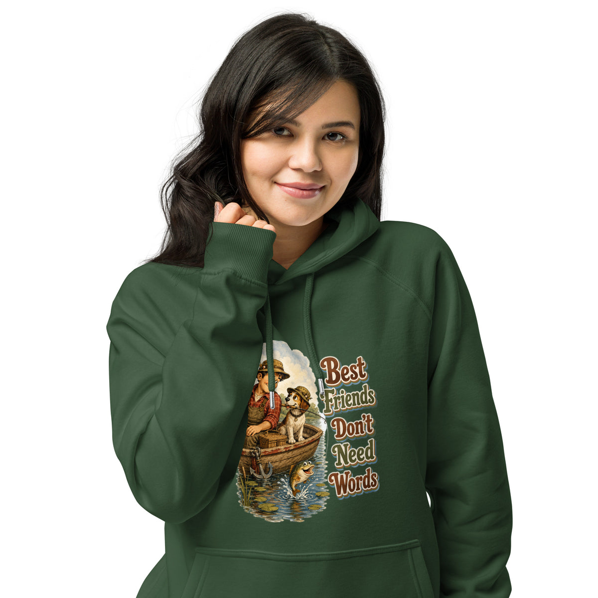 Fishing Lovers | Unisex Eco Raglan Hoodie — Best Friends Don't Need Words by printfluence