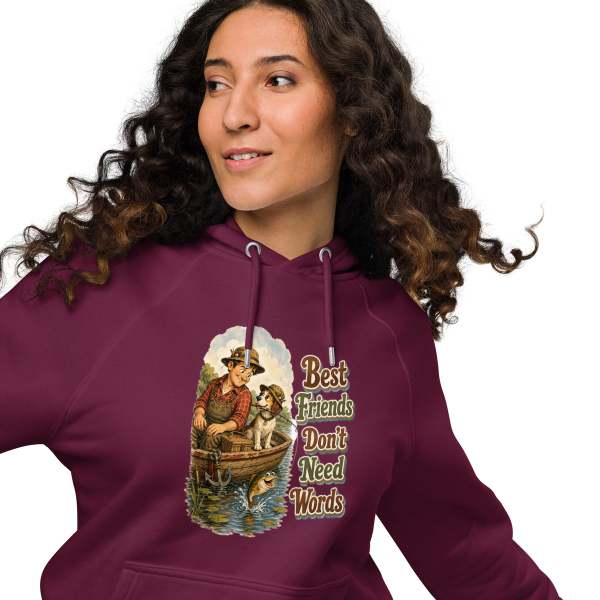 Fishing Lovers | Unisex Eco Raglan Hoodie — Best Friends Don't Need Words by printfluence