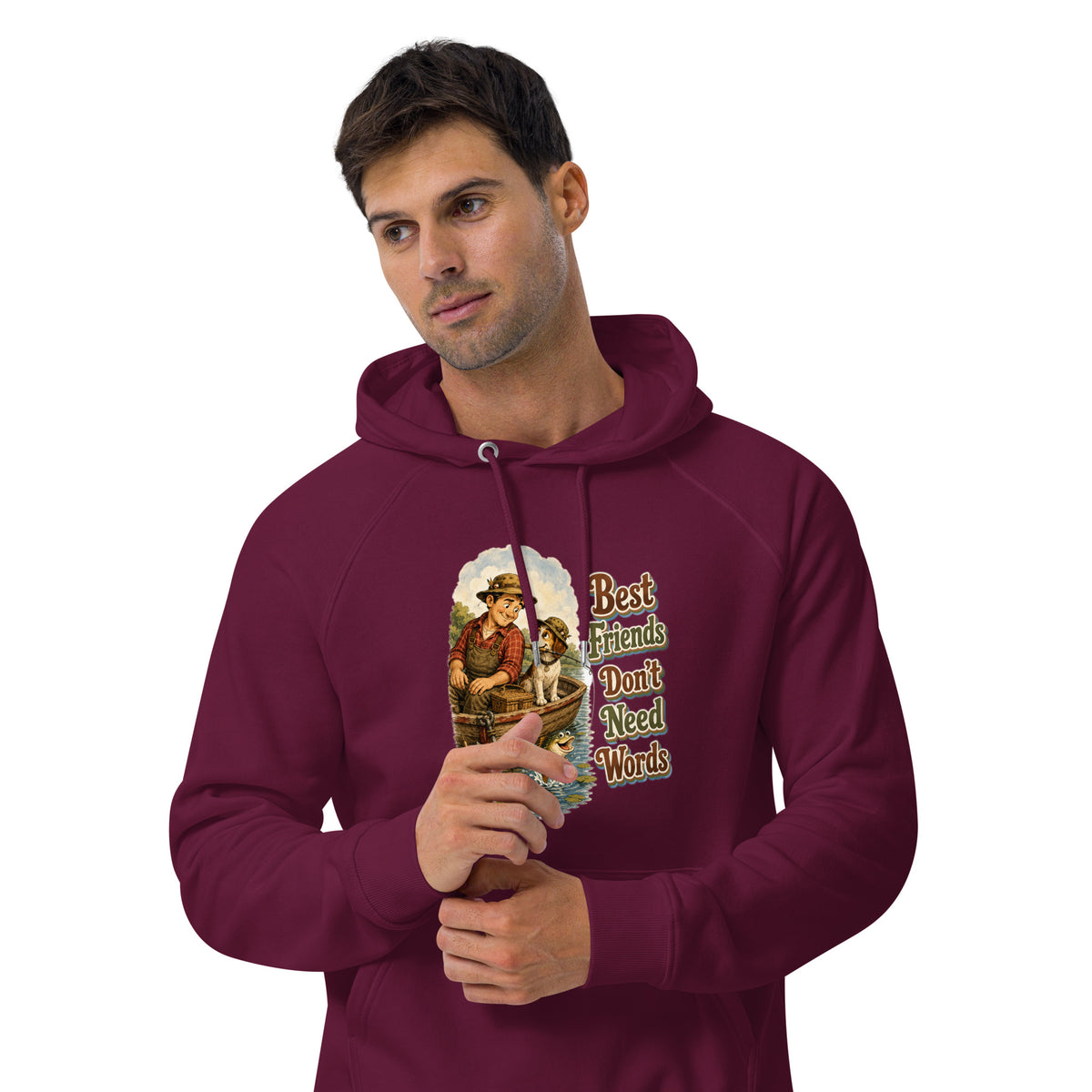 Fishing Lovers | Unisex Eco Raglan Hoodie — Best Friends Don't Need Words by printfluence