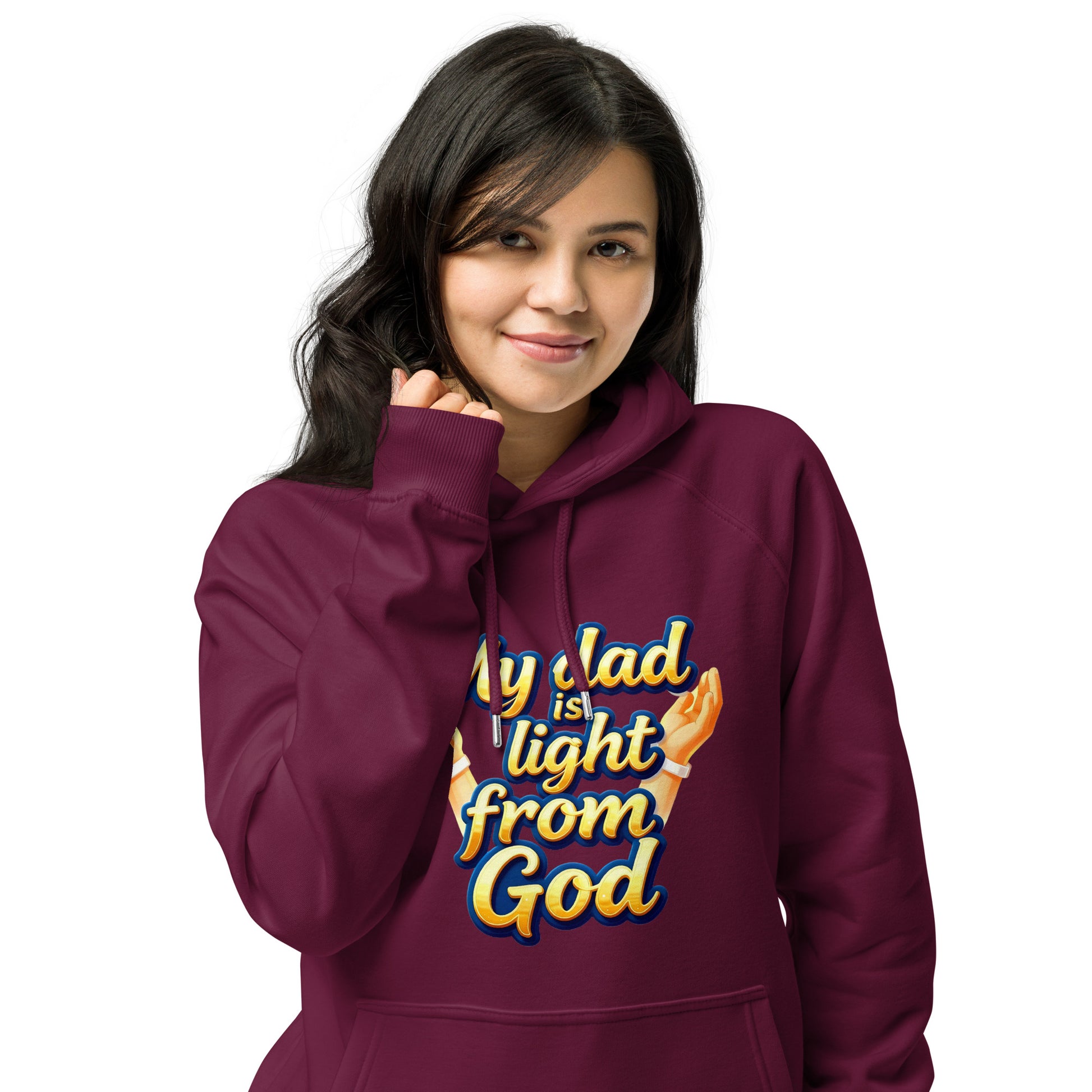 Unisex eco raglan hoodie - My Dad Is Light from God – Premium Eco Raglan Hoodie for Legacy Leaders by printfluence.net
