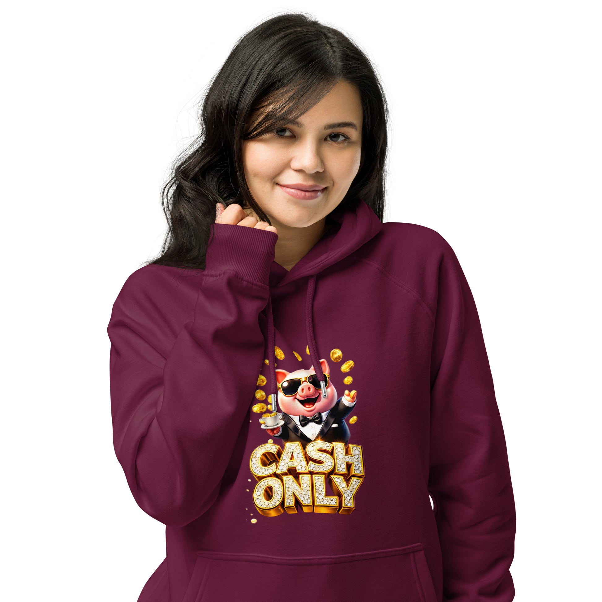 Unisex eco raglan hoodie - The Boss Pig: "CASH ONLY" Wealth & Hustle Unisex Eco Raglan Hoodie 🐷💸 by printfluence.net