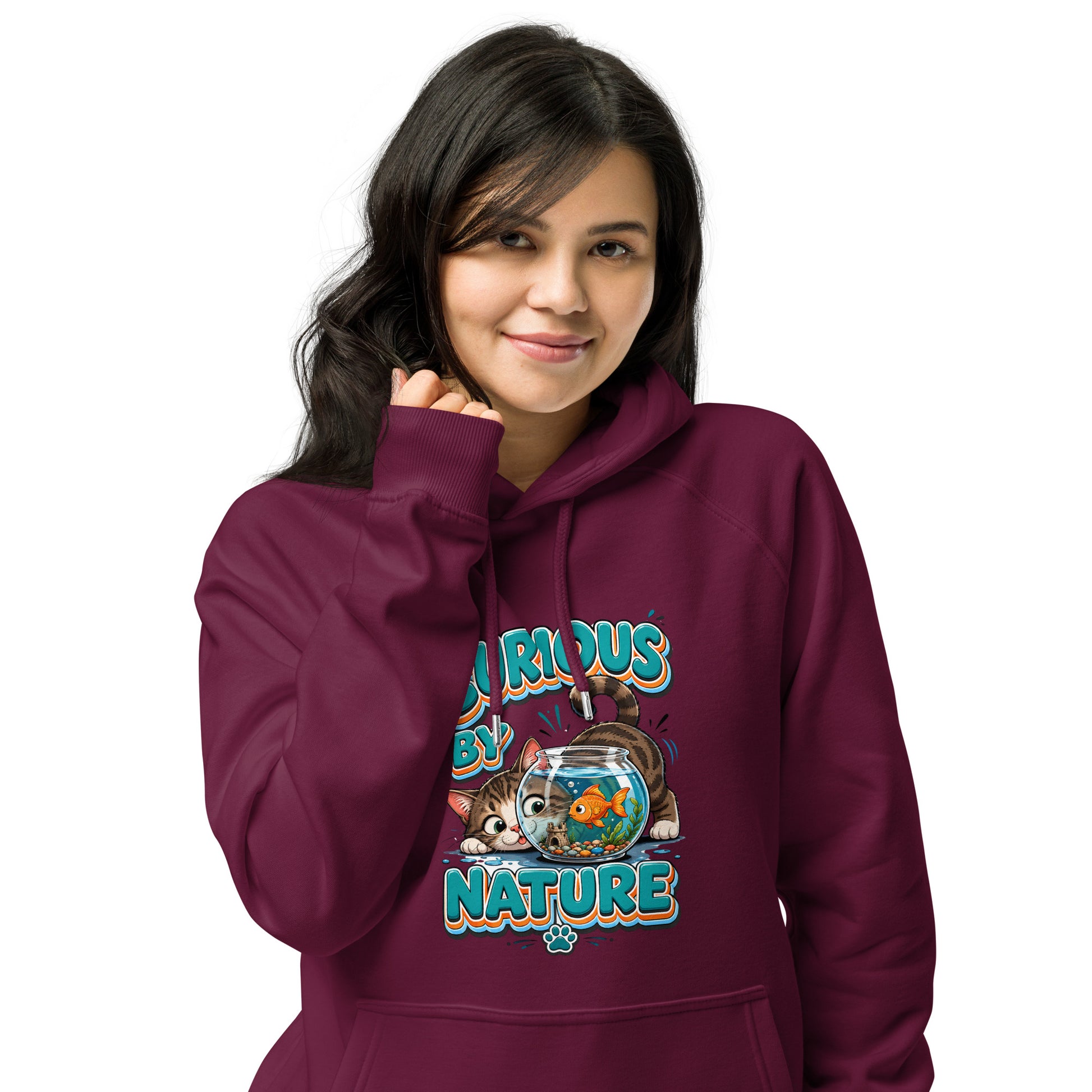 Elite Curious Cat - Premium Luxury Eco Raglan Hoodie for Cat Lovers by printfluence.net