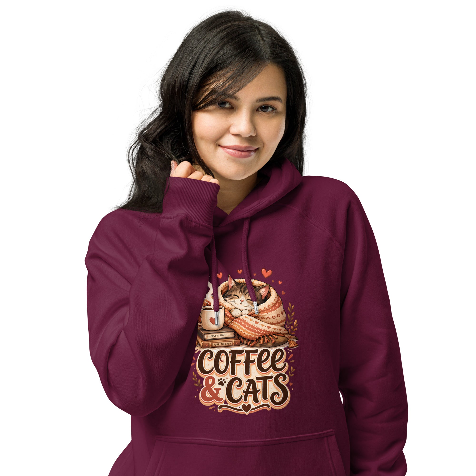 Elite Coffee and Cats - Premium Luxury Eco Raglan Hoodie for Cat Lovers by printfluence.net
